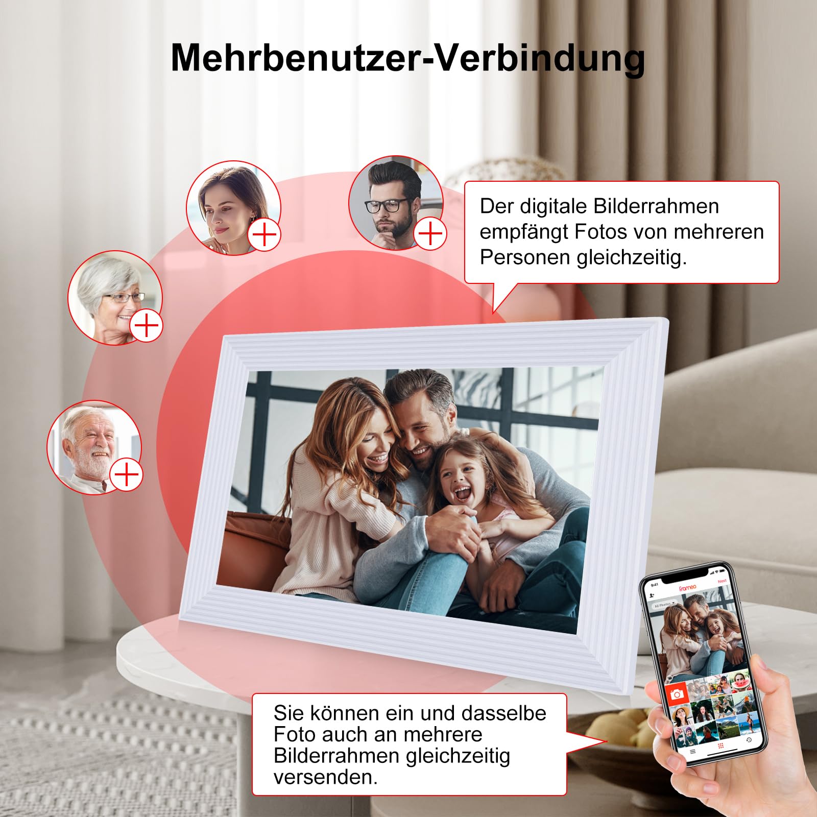 Digitaler Bilderrahmen Groß, Frameo Digital Photo Frame HD IPS Touchscreen - 10,1 Zoll, Elektronischer Bilderrahmen mit WLAN, 32GB, Auto Drehung, Wandmontierbar, Fotos/Videos teilen - Weiß