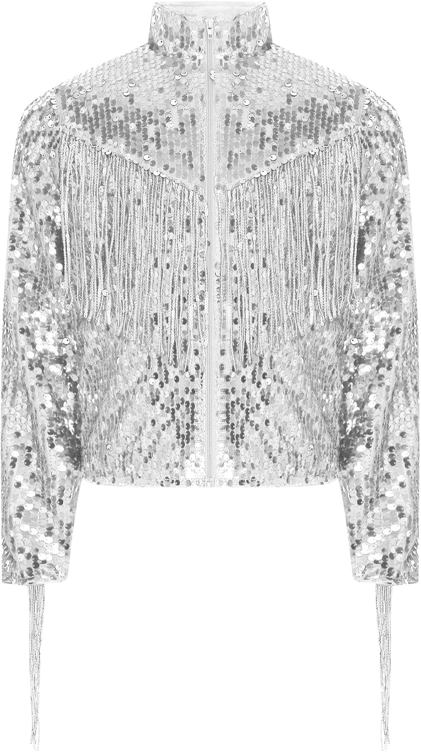 Kids Sequin Bomber Jacket Long Sleeve Zip Up Mock Neck Fringed Suit Coat with Glitter Shorts Girls Boys Party Hip Hop Jazz Dance Costume Silver 10 Years