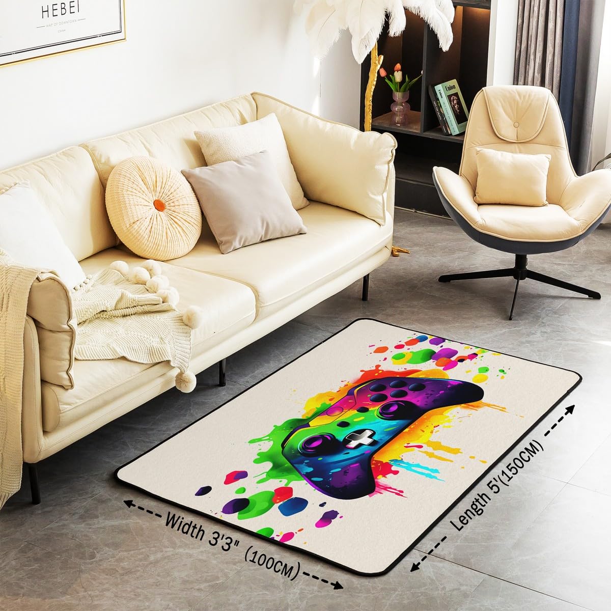 Loussiesd Dywan do salonu dla graczy, 100 x 150 cm, gamingowy dywan akcentujący dla chłopców, dziewcząt, nastolatków, nowoczesny kontroler konsoli do gier, mata podłogowa, joystick, beżowa,