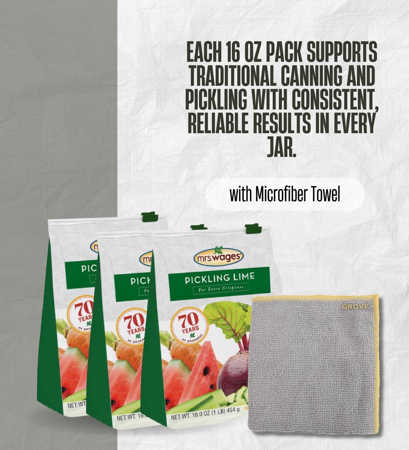 3x Pickling Lime by Mrs. Wages 16 oz Bundle with Microfiber Cloth – Ideal for Crisp, Flavorful Pickles, Green Tomatoes, Watermelon Rinds, and Citron – Gift Set (4 Items)