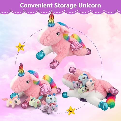 Miniatura 7 de Vrapo Juguetes de peluche para mamá unicornio con 4 bebés dentro de su barriga, animal de peluche suave para niñas de 3, 4, 5, 6, 7, 8 años, lindos
