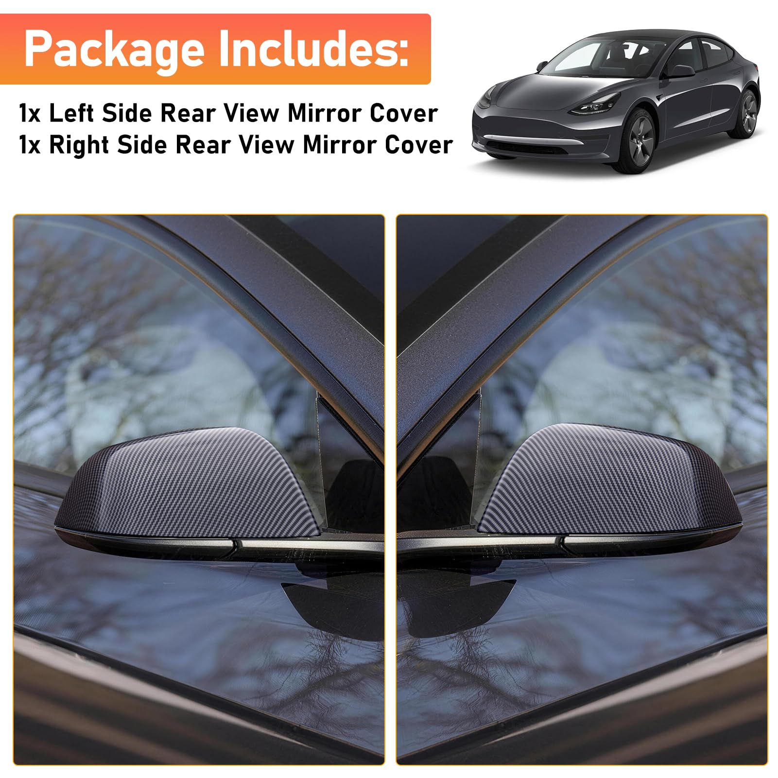 TTCR-II 2PCS Compatibile con Calotte Specchietti Tesla Model 3 2017-2023 | Laterale Copri Specchietto Retrovisore Model 3 Tappi Specchietti Sinistra+Destra Accessori Tesla M3-Fibra di Carbonio