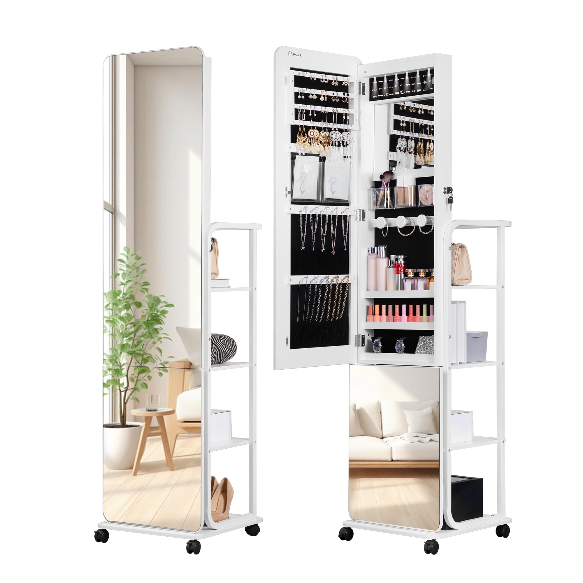Hzuaneri Hzuaneri 360 ° Joyería Armoire, más amplio y más alto sin marco Espejo de cuerpo entero, con llave de pie organizador de joyas, Blanco JC16903B