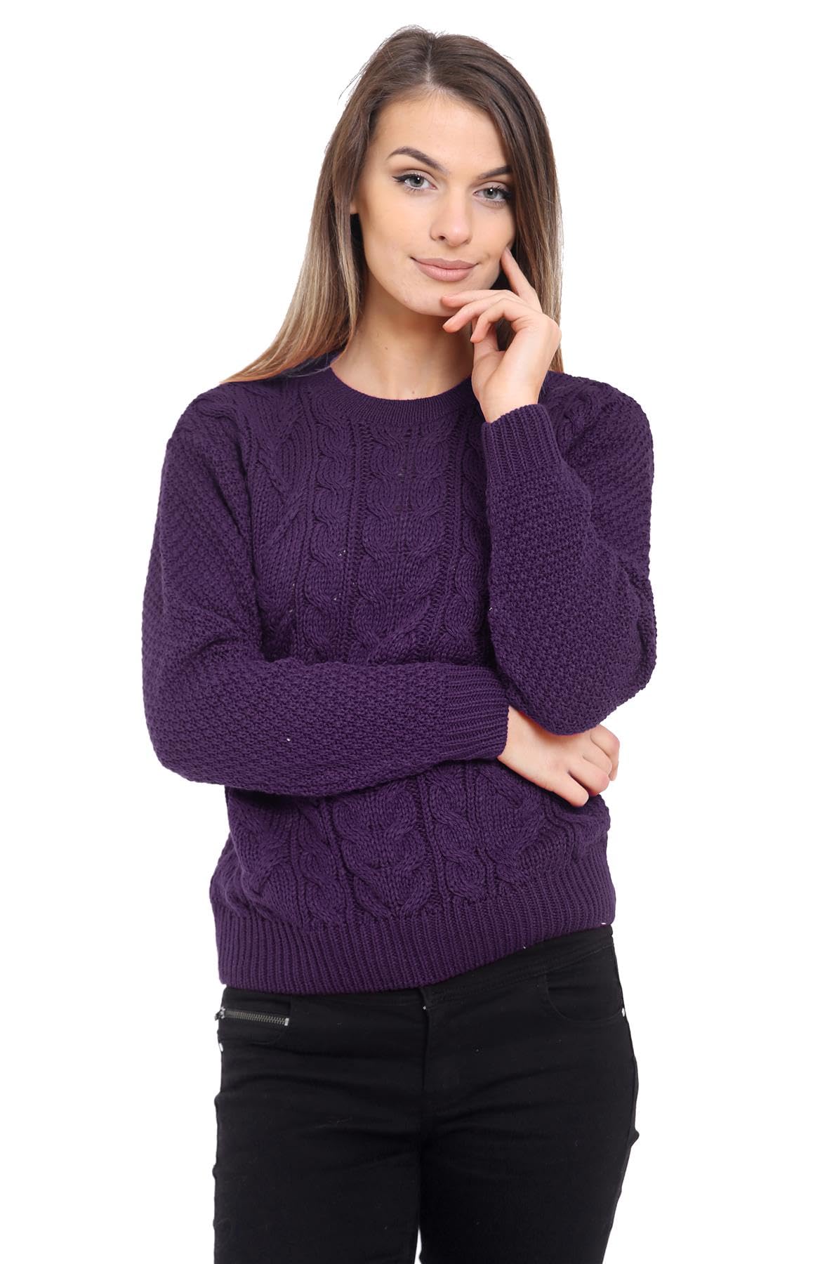 Generation Fashion New Women Ladies Knitted Long Sleeve Chunky Cable Knit Sweater Knitwear Jumper Top Pullover Crew Neck [Burgundy,SM]