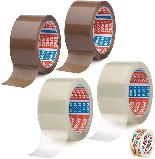 Tesa 2 rolki przezroczystej + 2 rolki br?zowej ta?my klej?cej - 50 mm x 66 m + gratis ta?ma klej?ca [15 mm x 10 m]