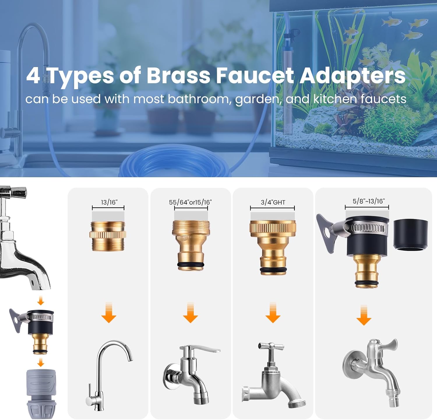 Fish Tank Vacuum Gravel Cleaner Gravel Vacuum for Aquarium，Siphon Aquarium Water Changer for Fish Tank with Four Faucet Adapter and Long Hose(50 Feet)