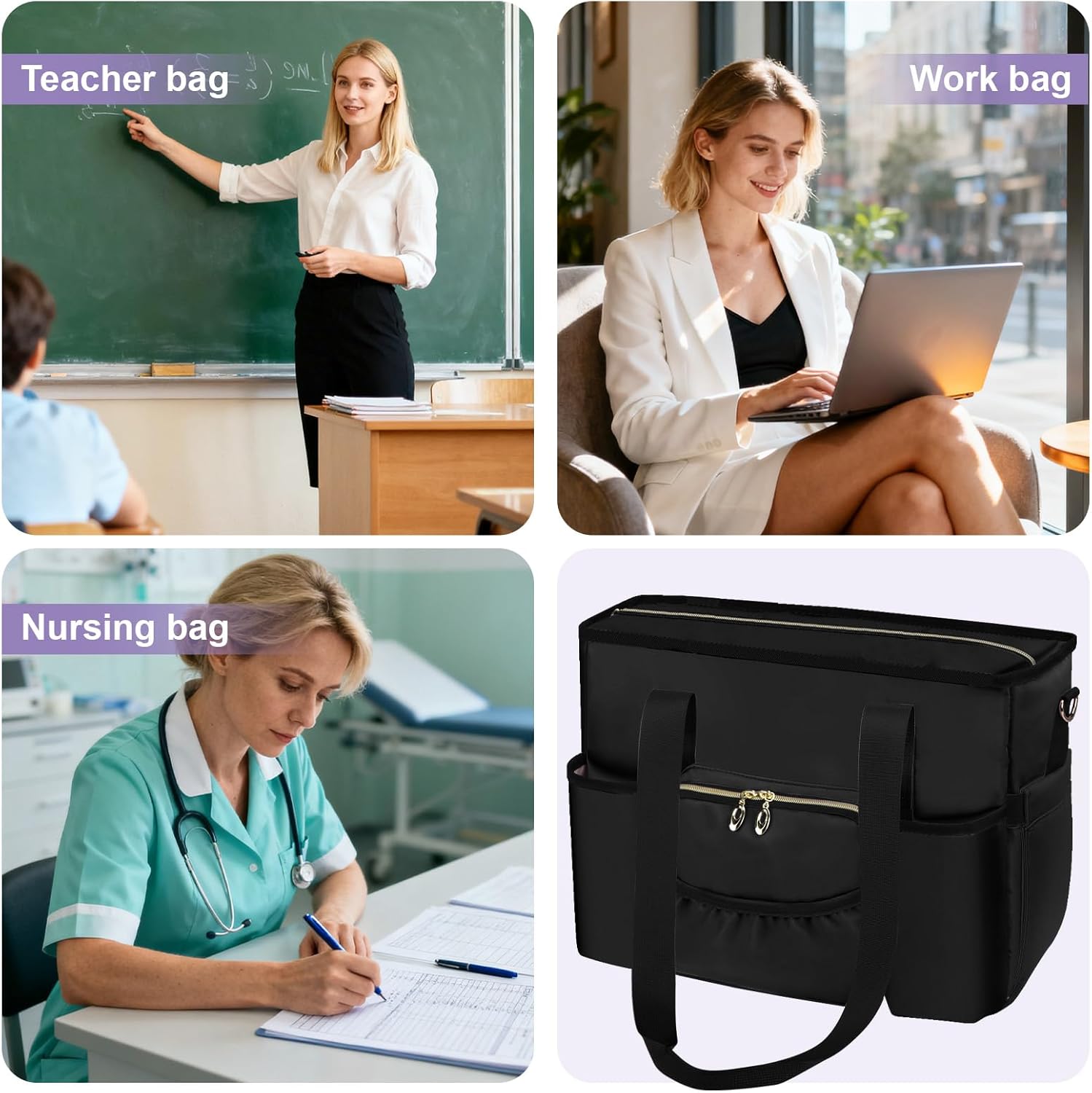 Nurse Bag, Work Bags with 15.6-inch Laptop Compartment, Teacher bag with Large Cup Holder, Nursing Tote Bag with Insulated Pocket for Nurses, Teachers, Students, and Professionals, Black