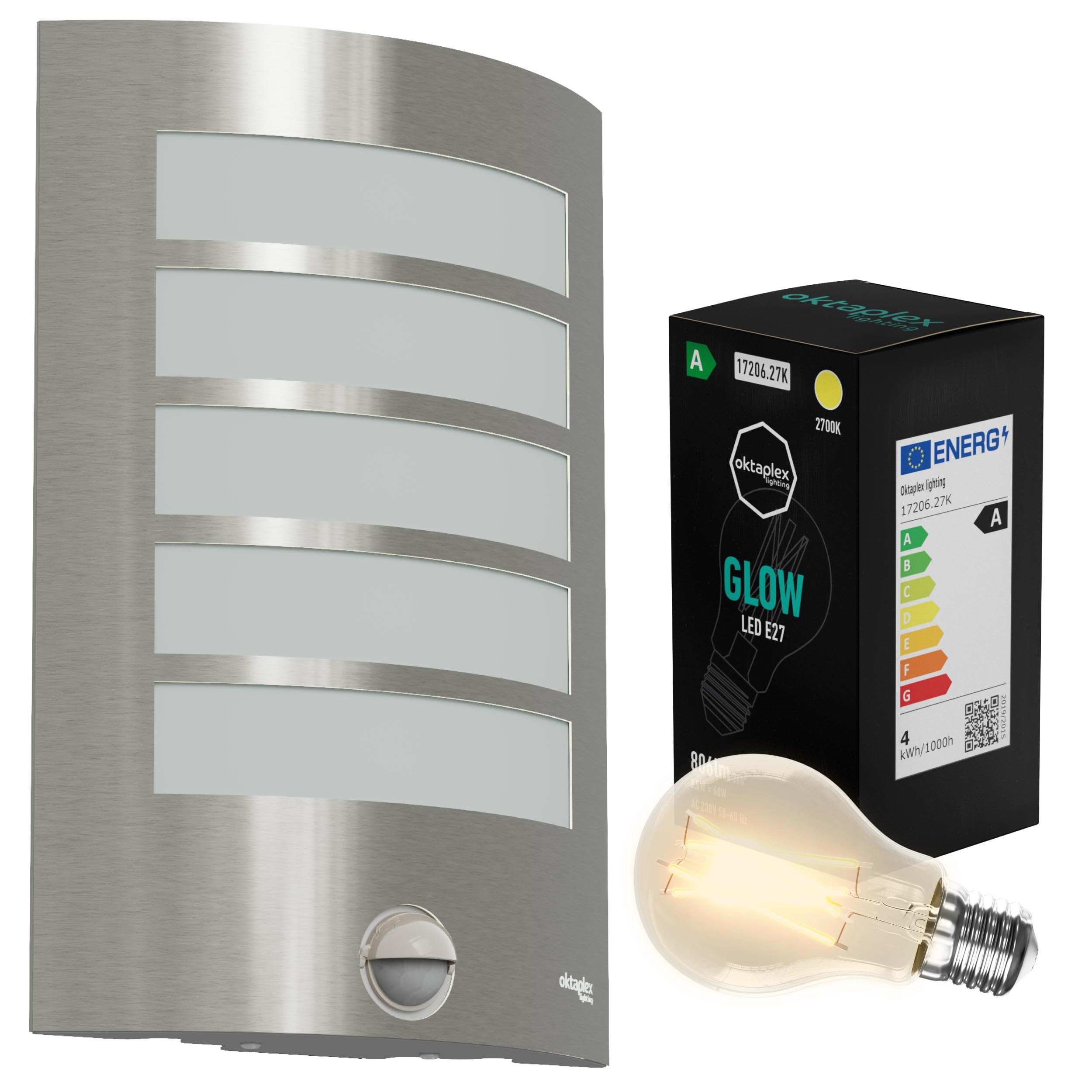 Oktaplex Alto Aussenlampe mit Bewgungsmelder Edelstahl inkl. 1x E27 2700K 806lm LED Leuchtmittel Wandlampe IP44 230V - Energieklasse A