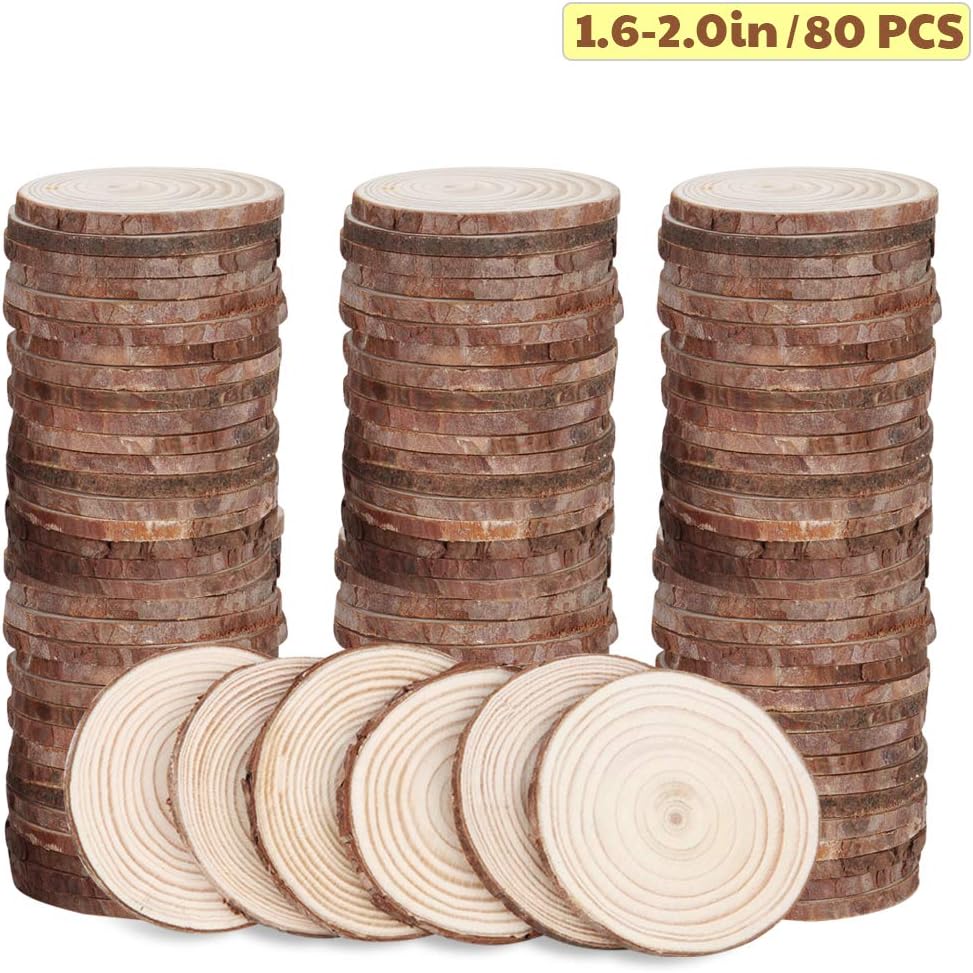 80 Pcs / 1.6-2.0 Inches Unfinished Wood Slices, FUHAIEEC Natural Round Rustic Woods Slices Pine Wood Coasters for Weddings Decoration Christmas Ornaments DIY Crafts