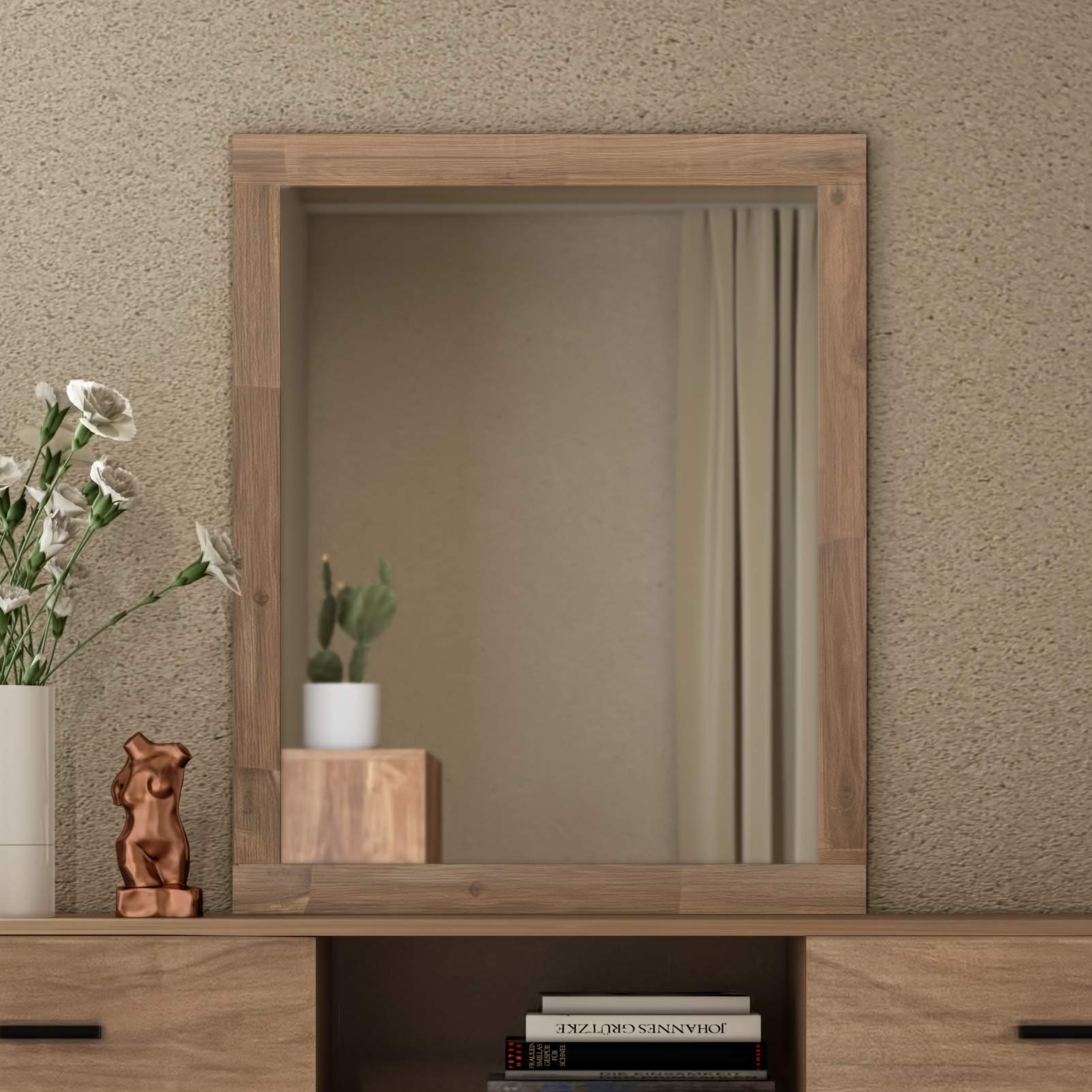Limari HomeGerda Collection Contemporary Style Bedroom Solid Acacia Frame Rectangular Mirror with Wood Supports, Light Walnut