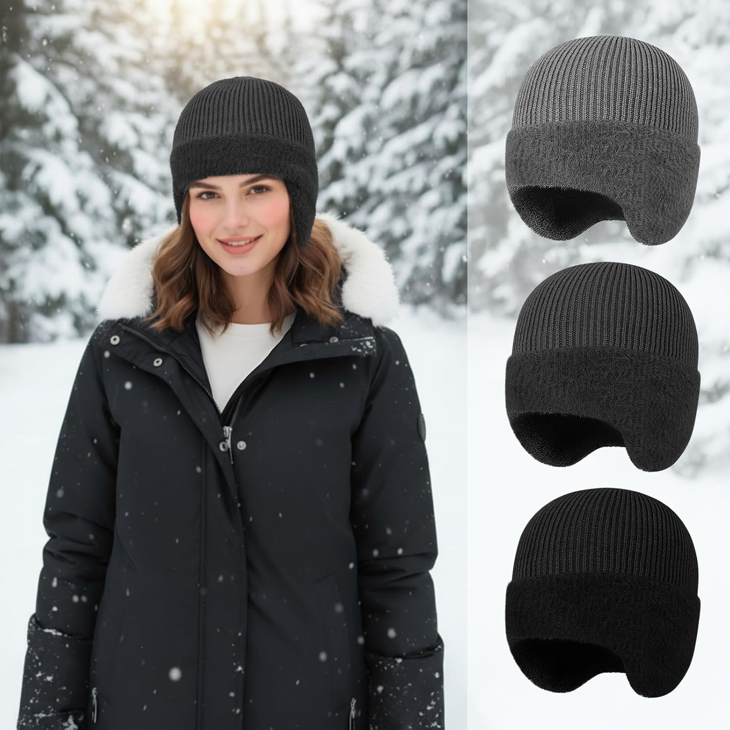 Bencailor 3 Pcs Knit Beanie Hats Winter Beanie with Earflap Black Gray Fleece Lined Hats for Men Women Warm Skull Cap Unisex Daily Headwear Winter Gifts - Image 3