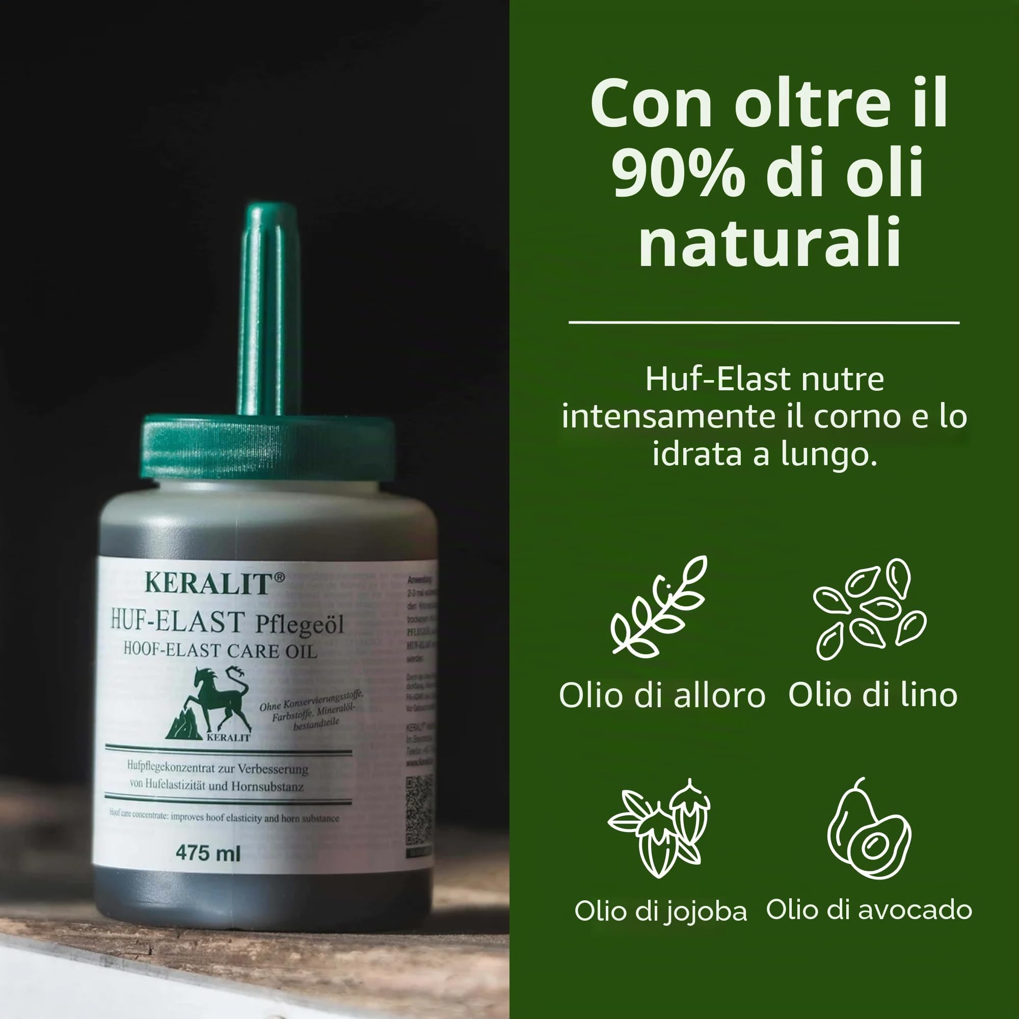 Keralit Huf‑Elast con pennello – olio idrosolubile per la cura degli zoccoli per cavalli con alloro, sesamo, avocado e olio di jojoba – per zoccoli secchi, maggiore elasticità e capacità di carico