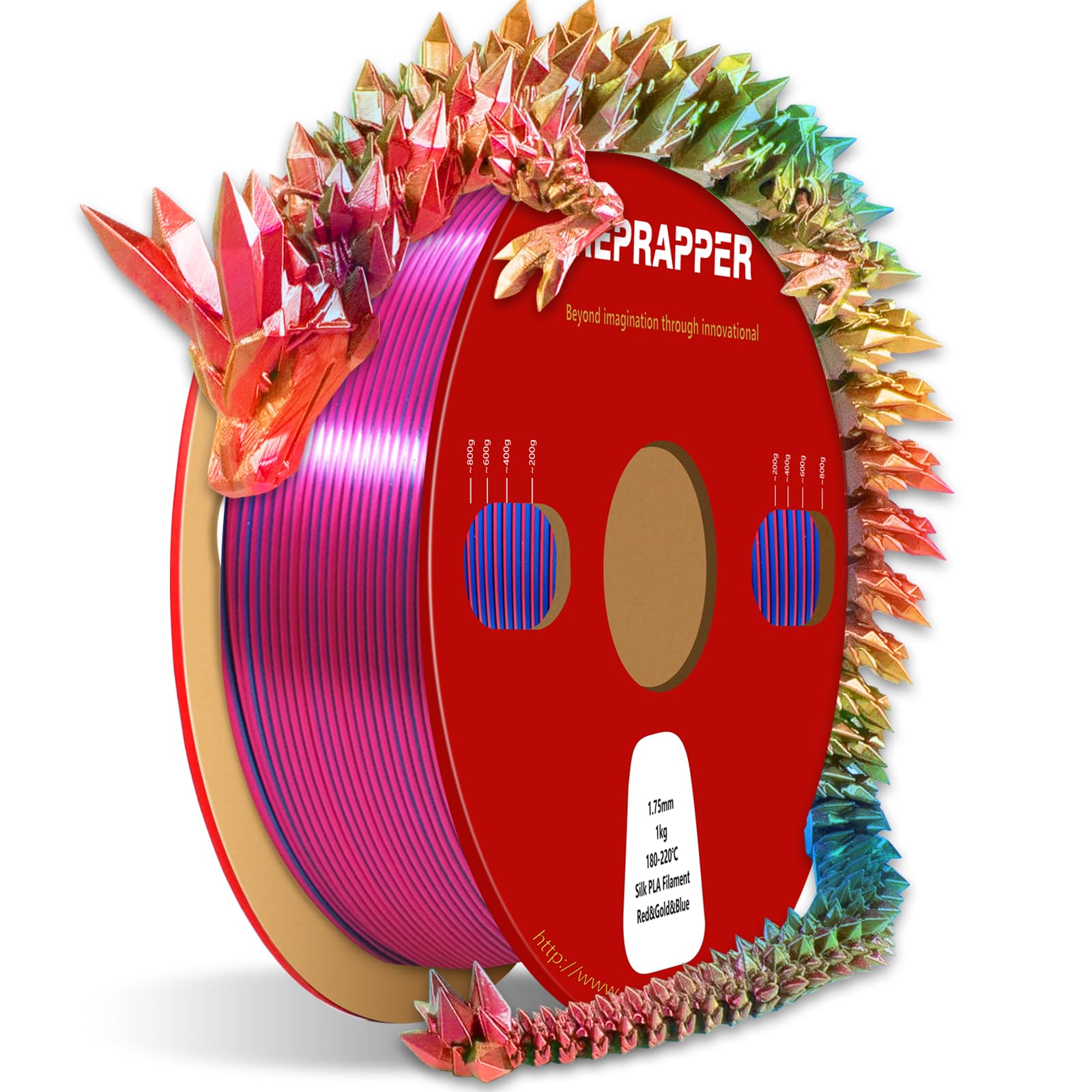 RepRapper Filamento PLA 1.75mm Lucido Seta - Tricolore Rosso/Oro/Blu - Coestrusione Premium per Stampanti 3D, 1kg, Precisione ±0.03mm, Antigroviglio, Ideale per Stampe Creative e Dettagliate