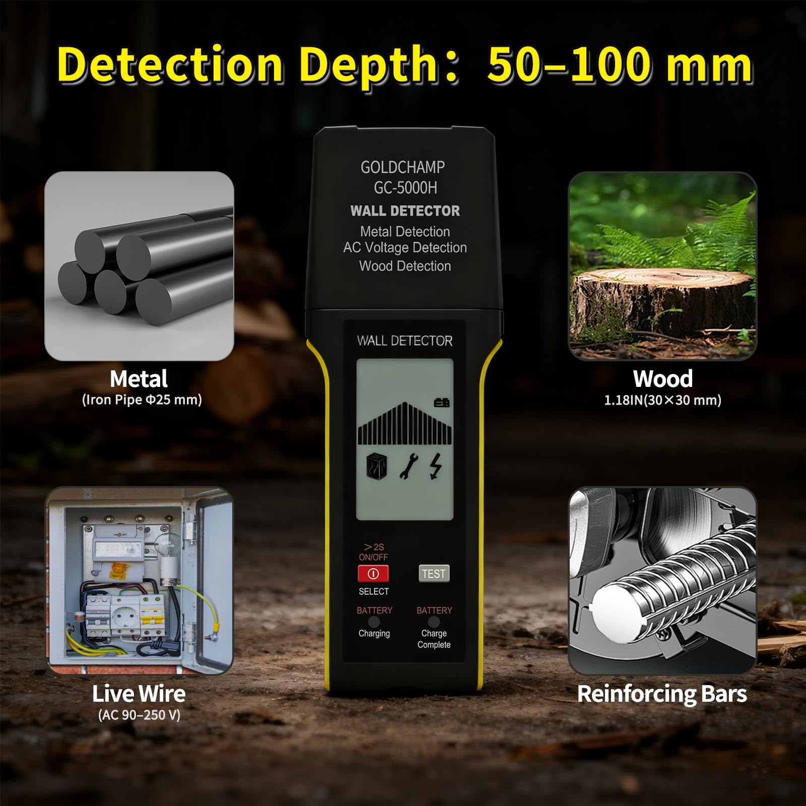 Leitungssucher für Wände, Elektronischer Leitungssucher Ortungsgerät mit LCD-Display und Akustischem Alarm für Metall, Holz, Kabel, Stromführende Wechselstromkabel, Bewehrungsstahl, Balken, GOLDCHAMP