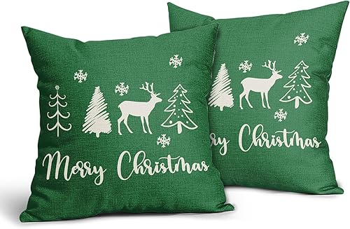 Miniatura 2 de Juego de 2 fundas de almohada de Navidad verdes de 20 x 20 pulgadas, diseño de árbol de ciervo, copos de nieve, fundas de almohada decorativas de
