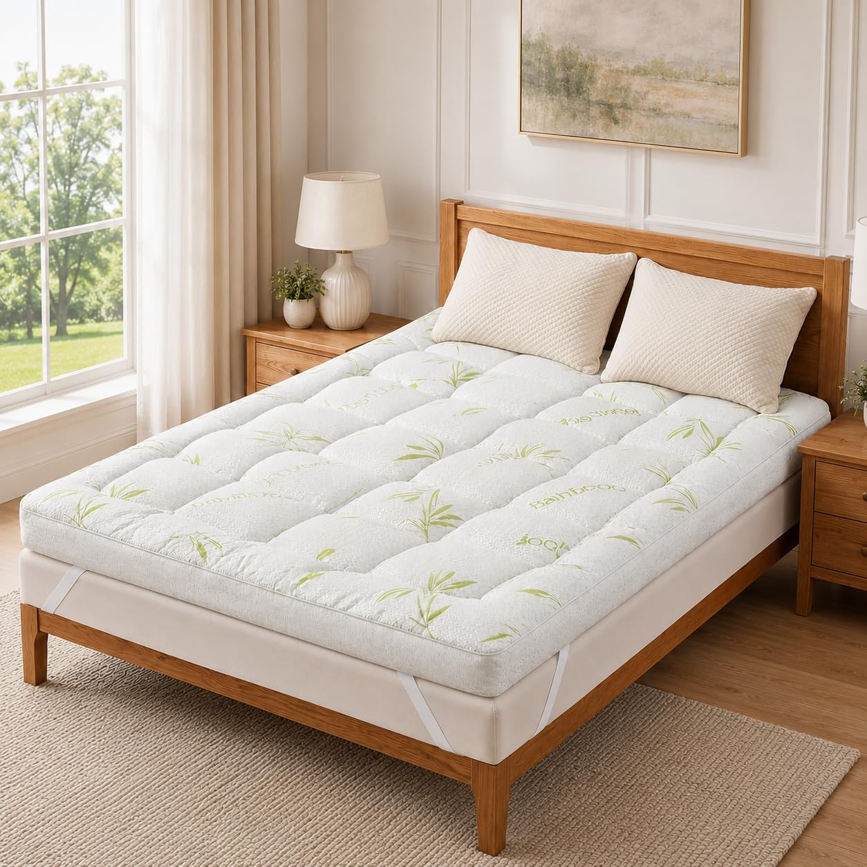 Premium Bamboo Mattress Topper, 10cm Extra Thick 1000 GSM Microfiber Filling, Cooling Bamboo Viscose Breathable Hypoallergenic Bed Topper with Elastic Corner Straps (Double)