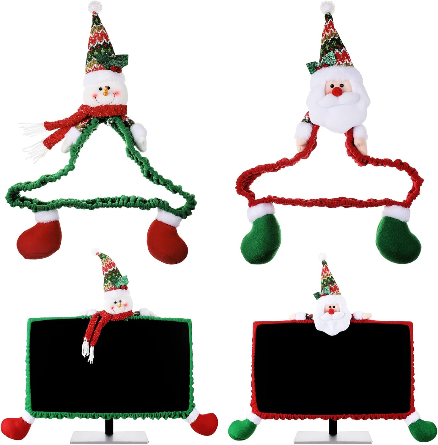 Funtery 2 Pcs Christmas Computer Monitor Border Cover Snowman Santa Christmas Computer Cover Screen Elastic Decorations for Home Office Laptop