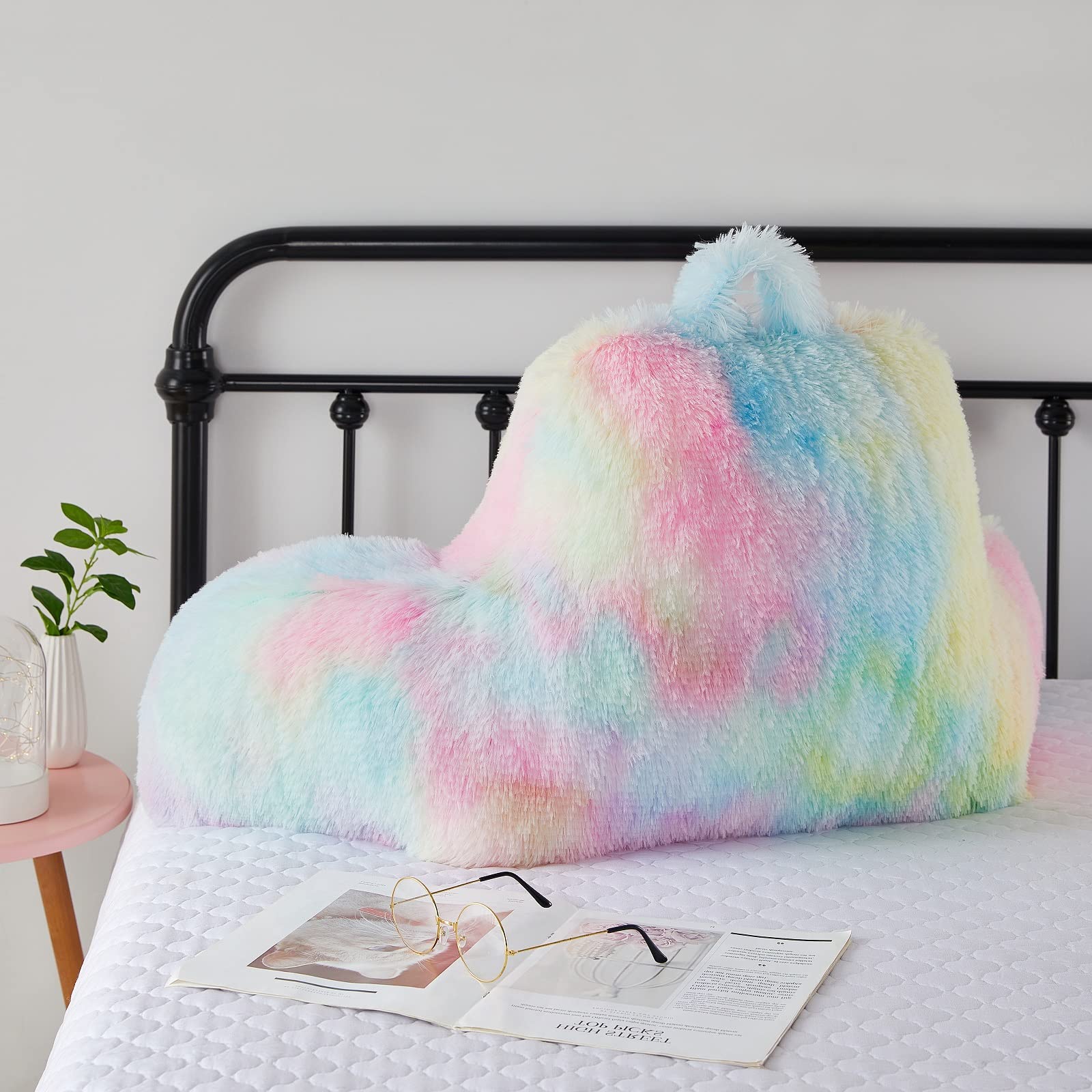 Kunstfell-Rückenlehnenkissen für Kinder, Teenager-Lesekissen mit Armen, flauschiges Rückenstützkissen zum Sitzen im Bett/Couch, Bettkeilkissen für Mädchen, Lese- und Bettruhekissen (Rosa)