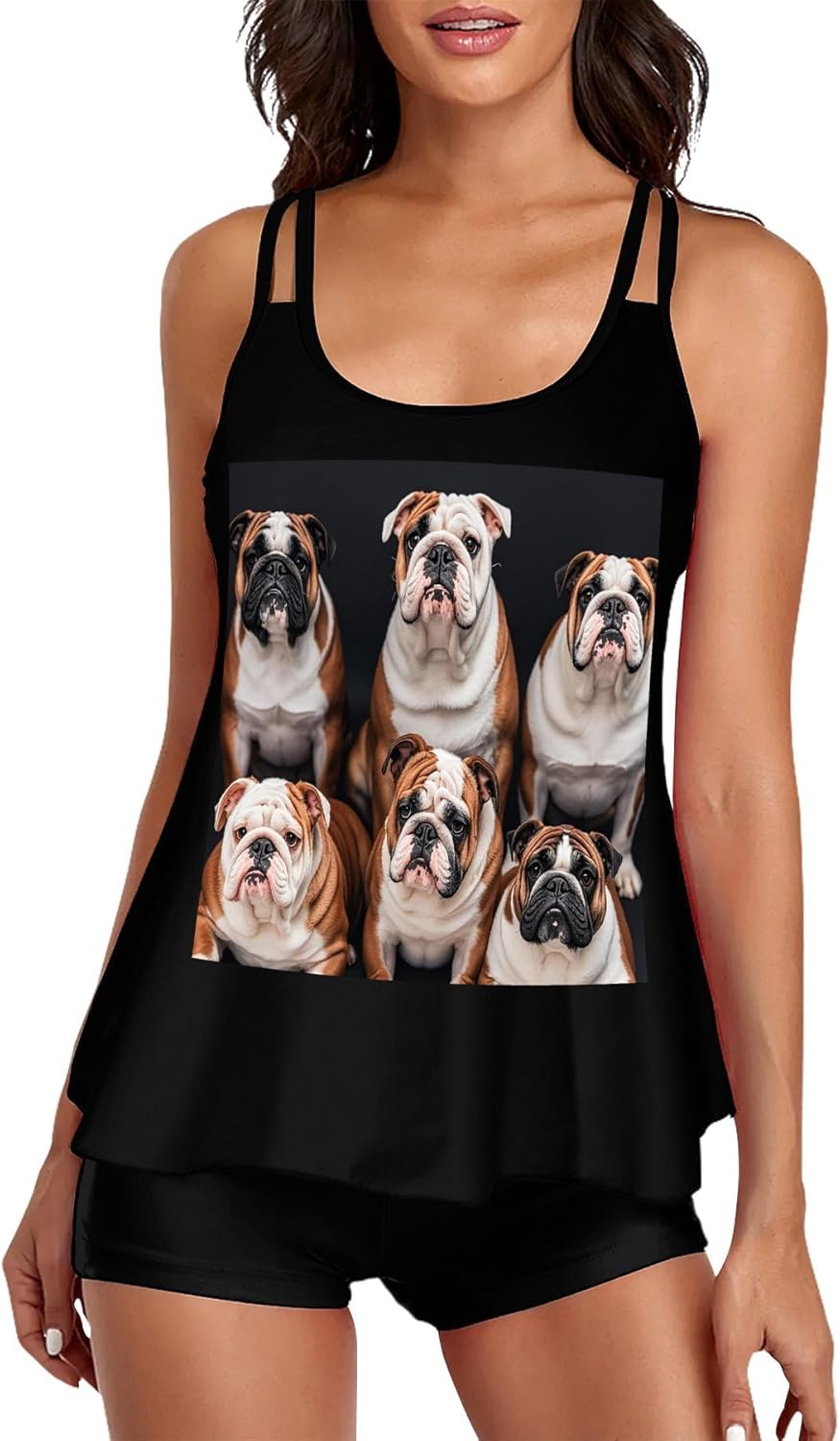 English Bulldogs Tankini Swimsuits for Women Tummy Control Two Piece Bathing Suits Swim Tops with Boy Shorts