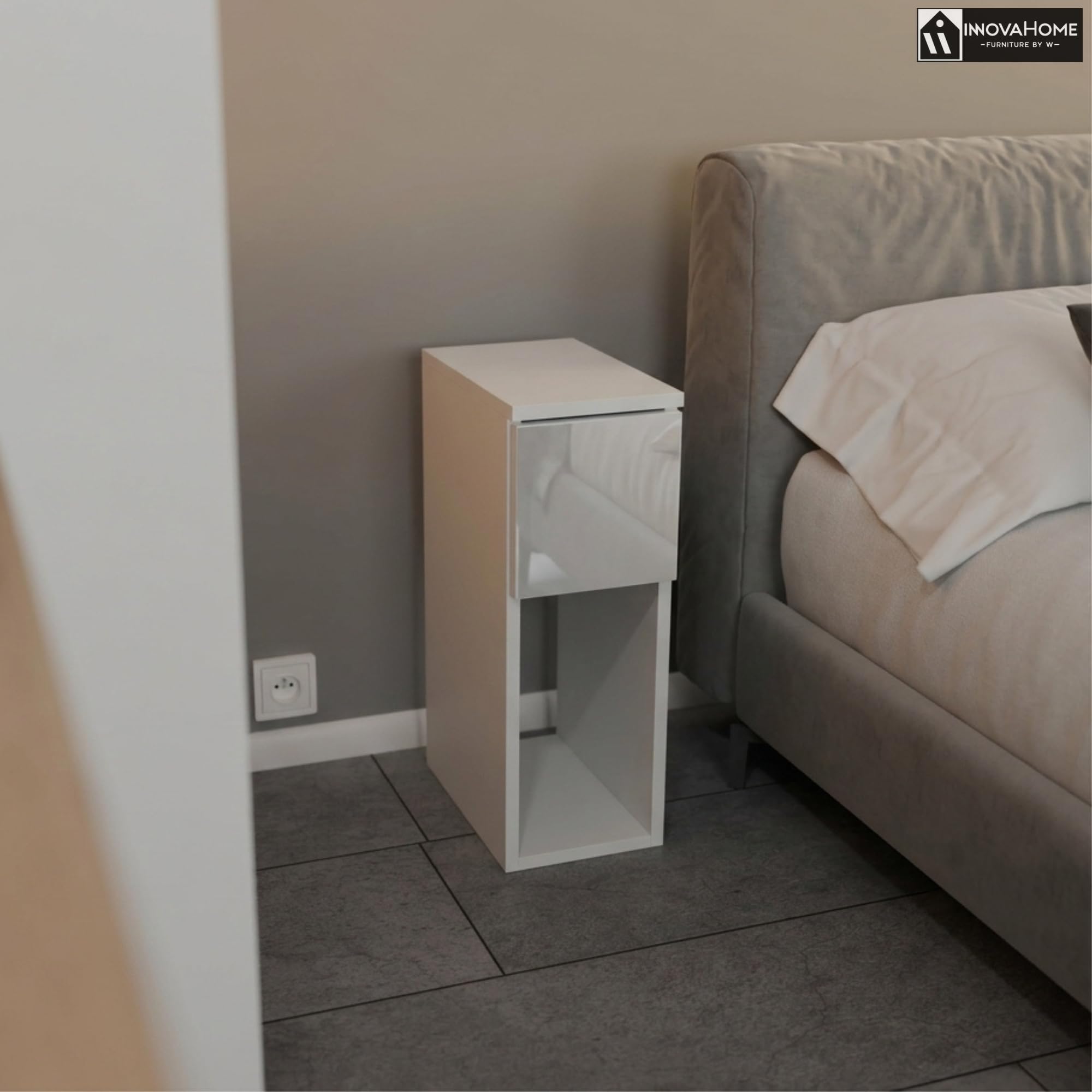 INNOVAHOME Nachttisch Schmal, Weiß Hochglanz, 20cm | Platzsparend, Tiefe 25cm Schublade, Beistelltisch für kleine Räume, Made in EU