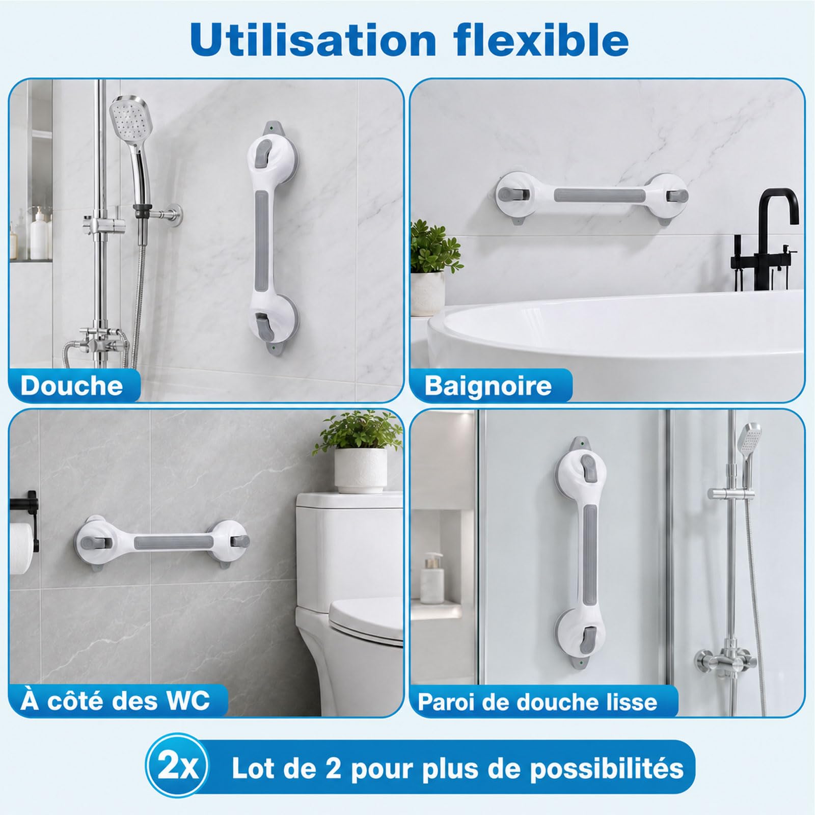 2 poignées de douche sans perçage 42 cm, poignée de douche avec ventouse, 2025