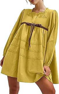 Women’s Long Puff Sleeve Bow Tie Front Loose Cute Mini Dress Square Neck Lace Embroidered Contrast Babydoll Dress - Buy now