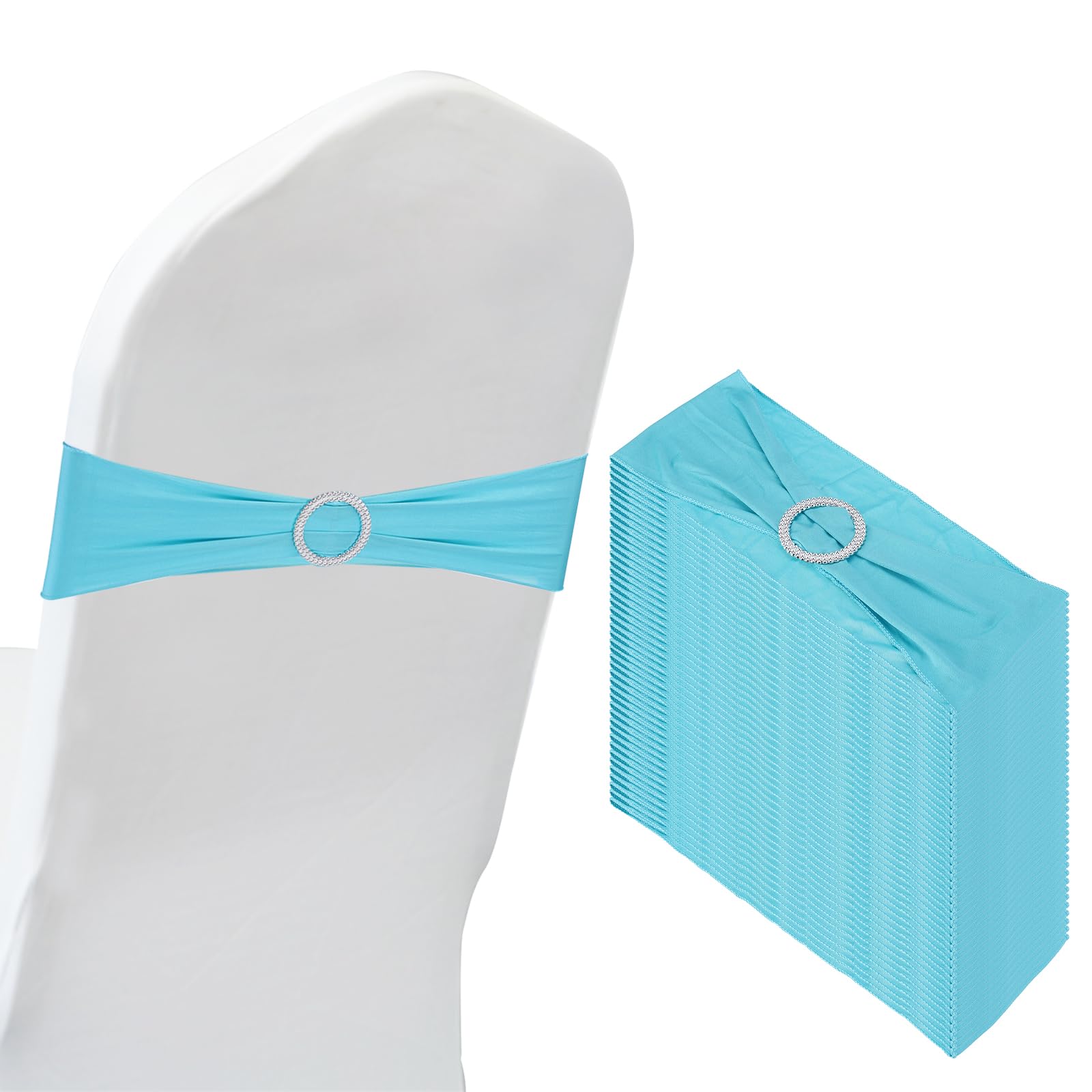 PATIKIL 14"x5" Stretch Chair Sashes Bows, 50 Pack Elastic Chair Bands Sashes with Buckle Slider for Wedding Banquet Decorations Blue