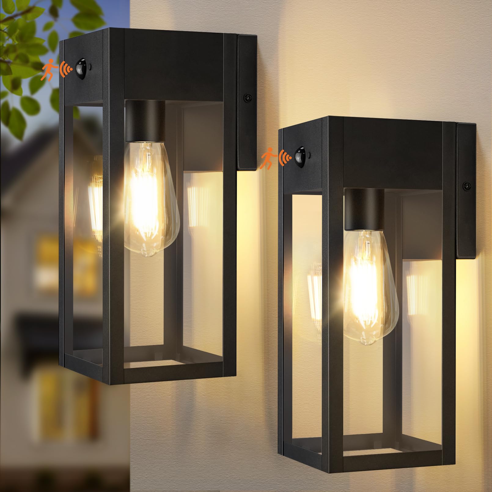 OYKYOHEI 2 Pack Black Outdoor Wall Lights, Security Lights Outdoor with Motion Sensor, Dusk to Dawn Outdoor Lights Mains Powered, Waterproof Anti-Rust Wall Lights for Garden, Entryway, Garage