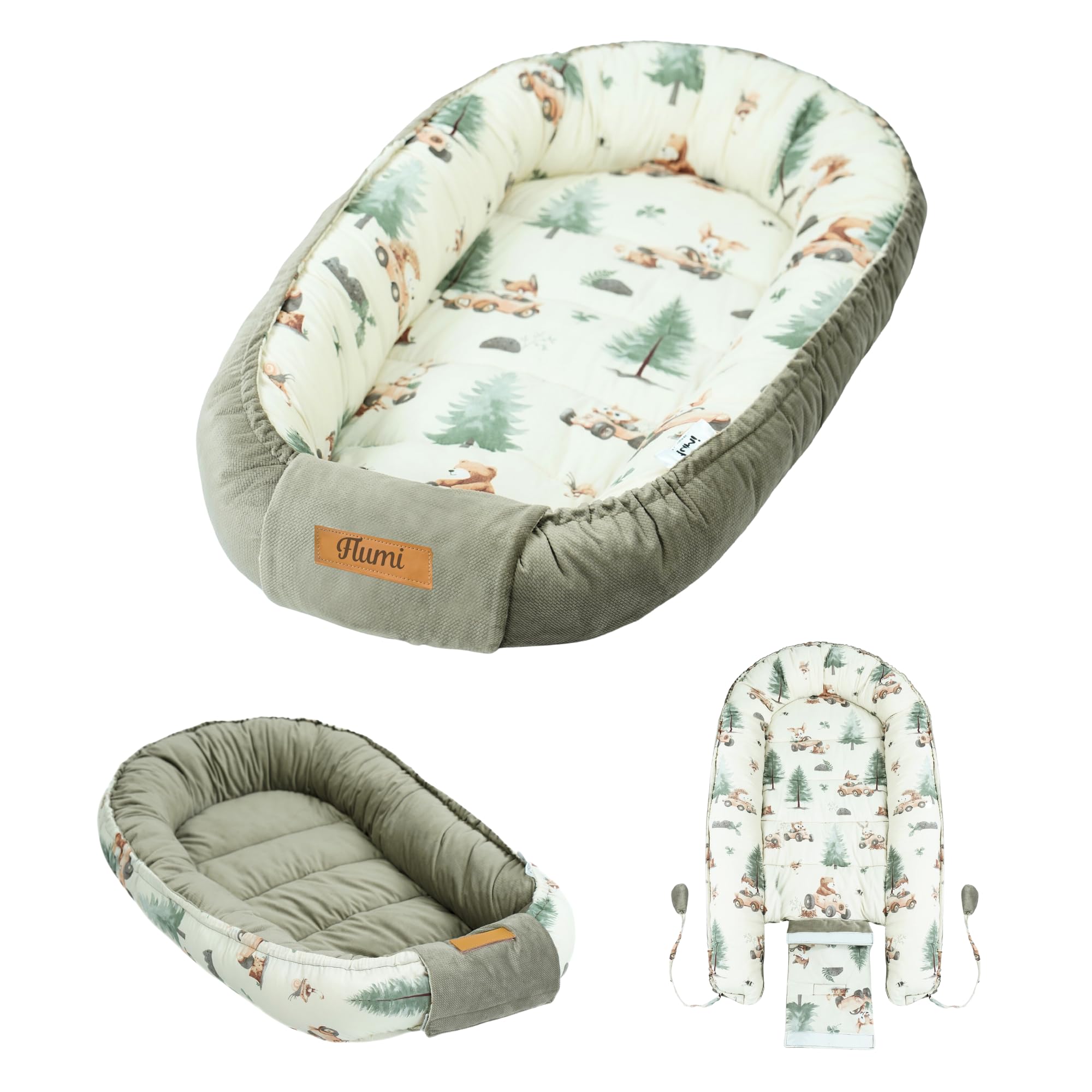 Baby Nest Pod for Newborn, Reversible Baby Lounger 0–12 Months, Cotton & Velvet Infant Nest, Baby Essentials, Personalised Baby Gift (Beige + Animals)