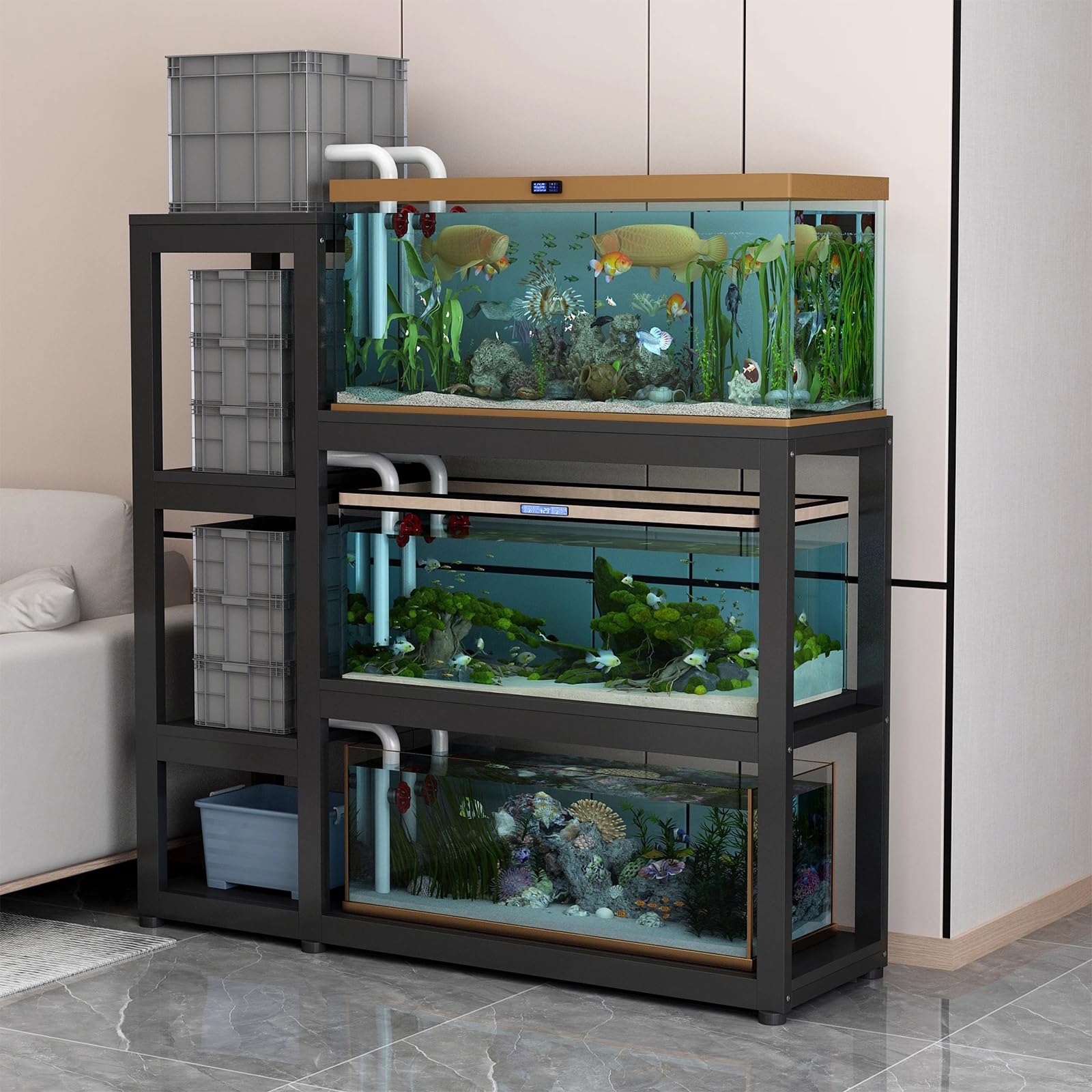 Trójpoziomowy stojak do akwarium ze wzmocnionej stali z antypoślizgowymi nóżkami, konfigurowalny do salonu i biura - czarny, 85 cm, trwałe i eleganckie rozwiązanie do przechowywania