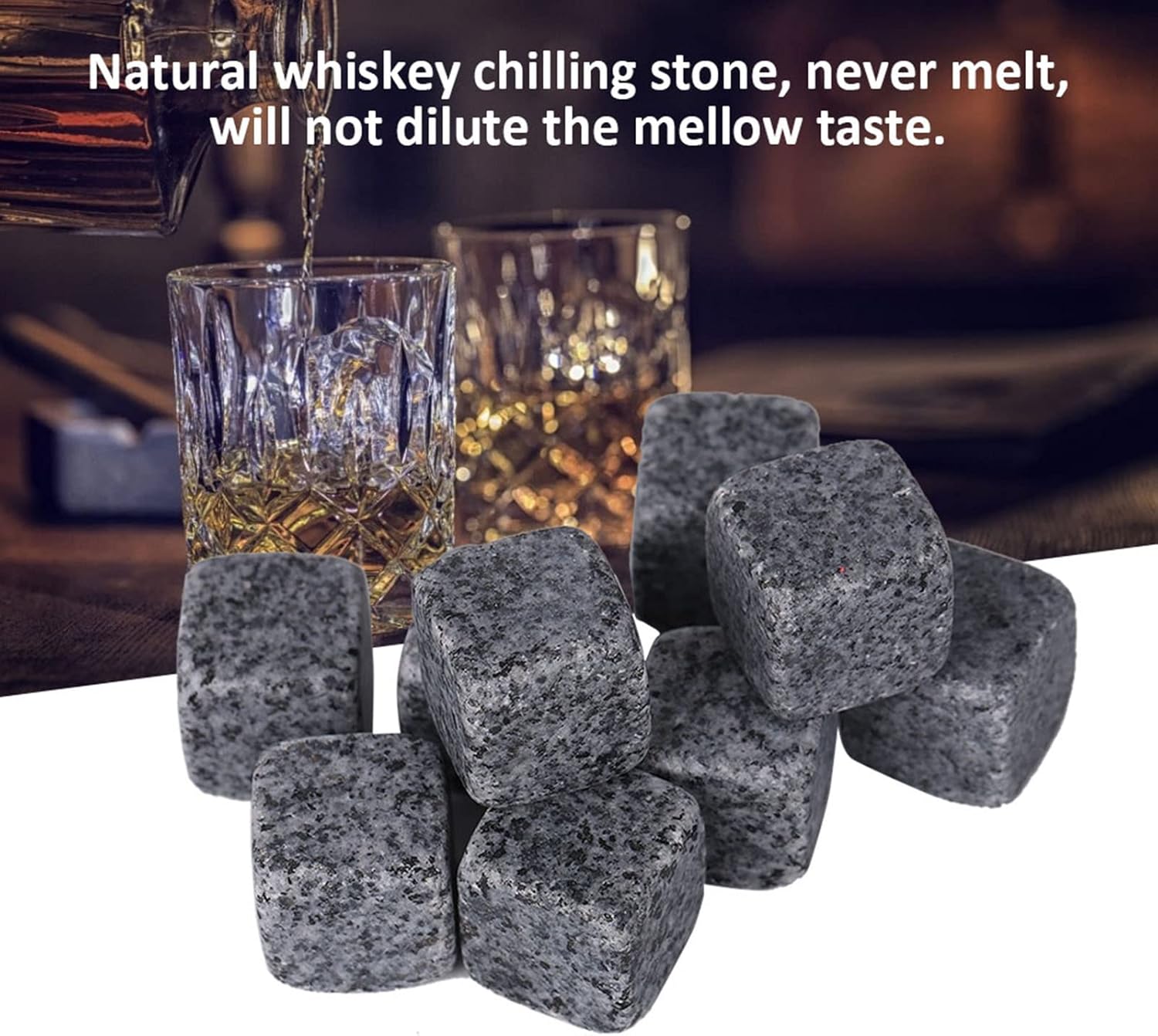 Whiskey Chilling Stones, 9Pcs Whisky Wine Chilling Stones Set Home Drink Chiller Stones Rocks Wooden Box Packaging(Sesame Gray)