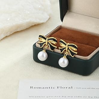 14K Gold Stud Pierced Earrings with Black Bow Pearl Dangle Dainty Hypoallergenic Jewelry, Trendy Lightweight Cute Accessories for Women Valentines Mother's Day Birthday Thanksgiving Day Gifts