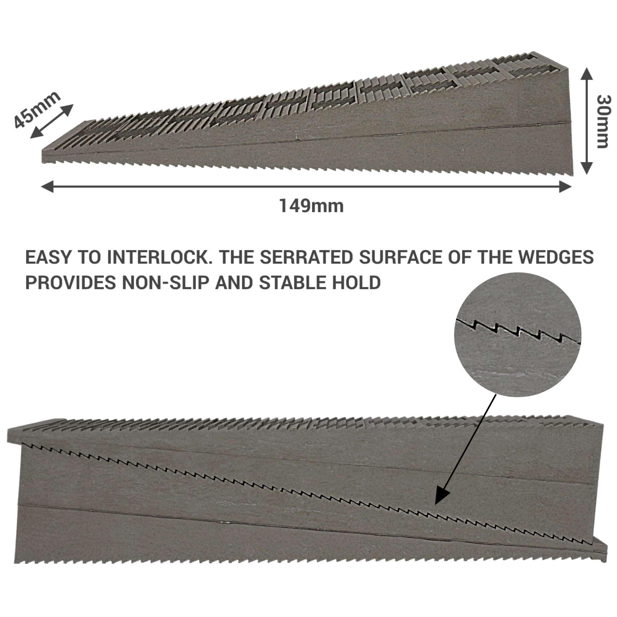 SKIR'CO Lot de 10 cales en plastique nervurées 149 x 45 x 30 mm pour nivellement, cales d'espacement, cales de nivellement, cales à emboîter
