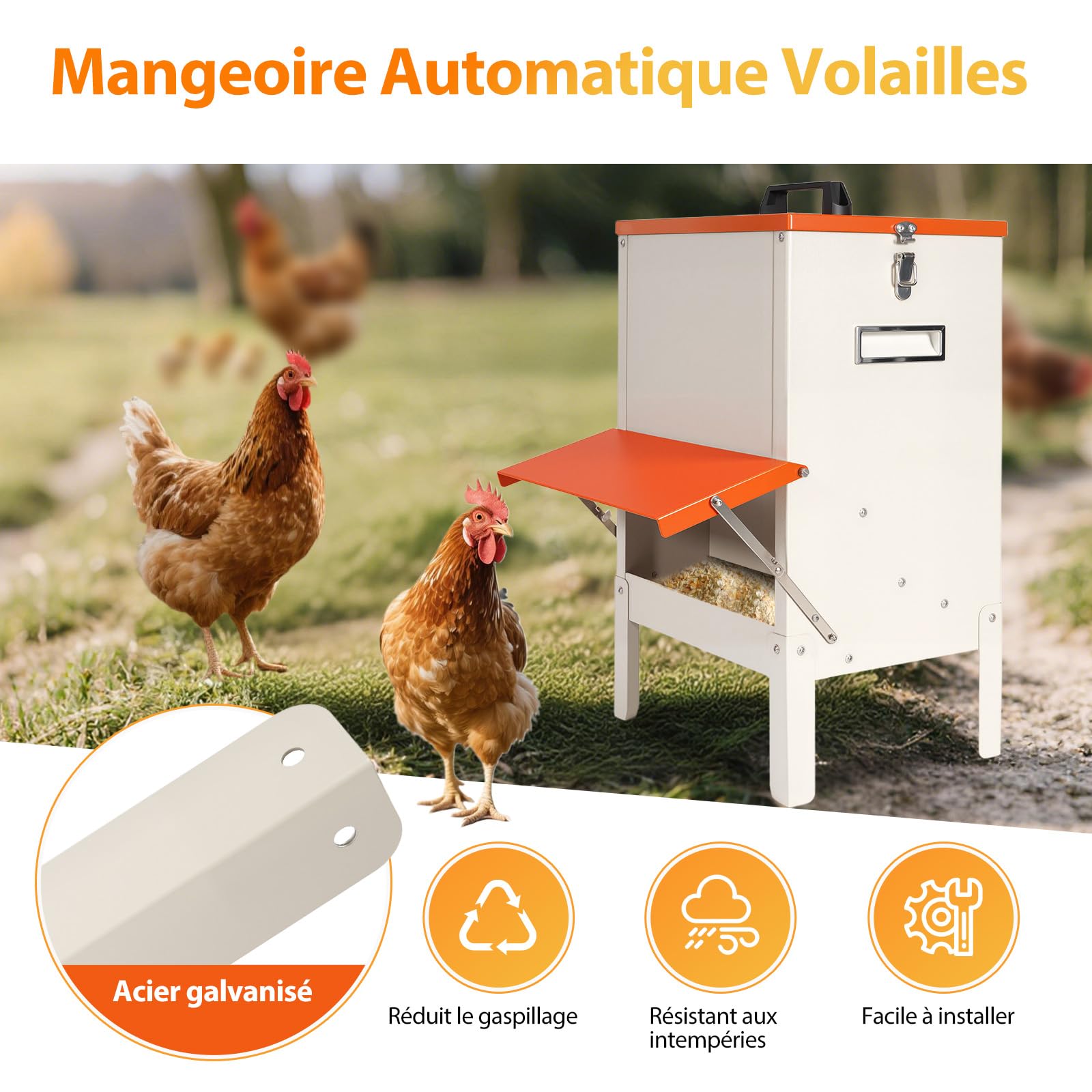 Mangeoire Poules,18kg Acier Galvanisé, Alimentateur Volaille Anti Gaspillage,Trogue Automatique Poule,Mangeoire Volailles Suspendue,Trogue Poules Contre Nuisible Anti Nuisible Volaille