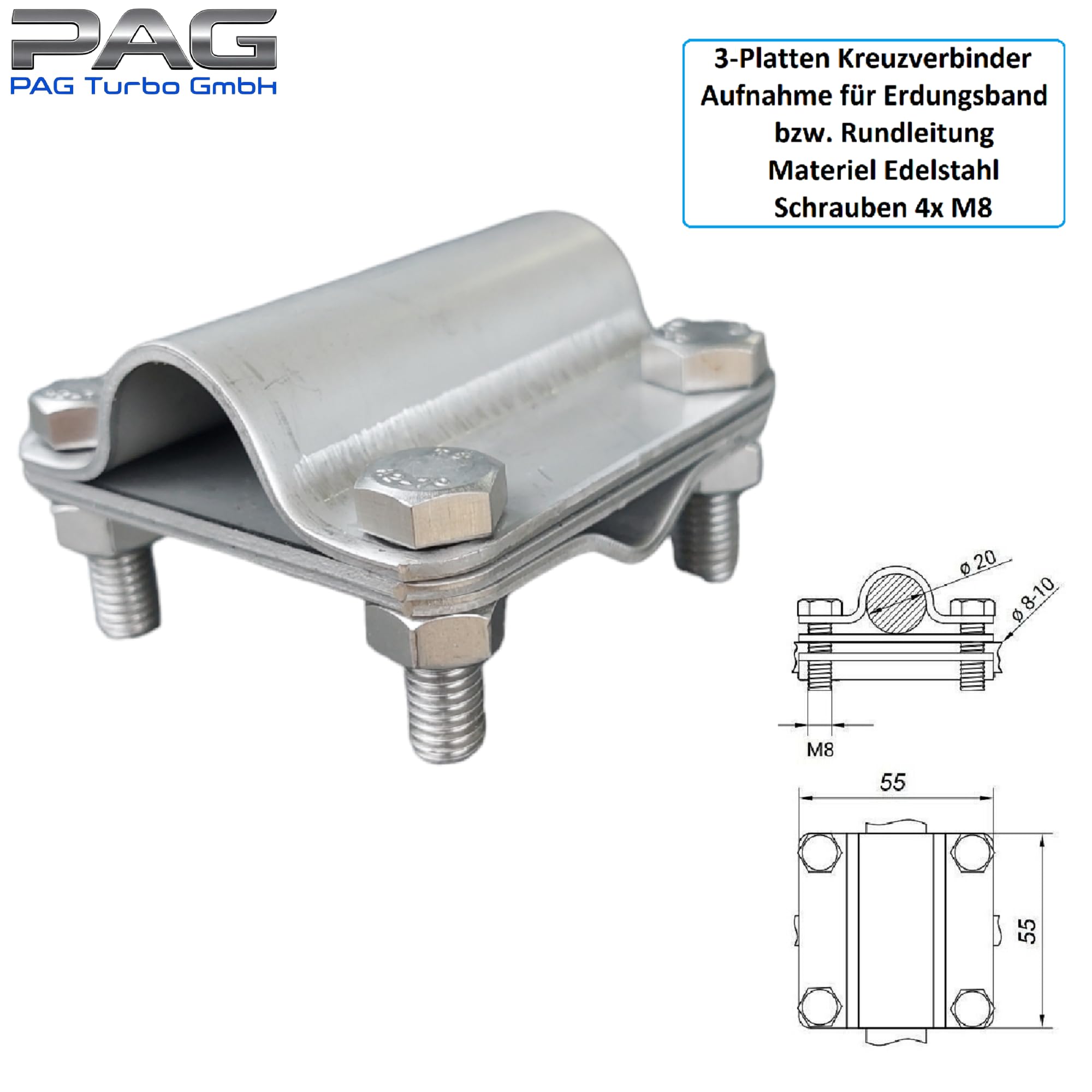 Tiefenerder Ø20mm V4A Edelstahl Erder + Klemme + SDS Max Schlagkopf - von PAG Turbo GmbH® (4m SET + Kreuzverbinder)