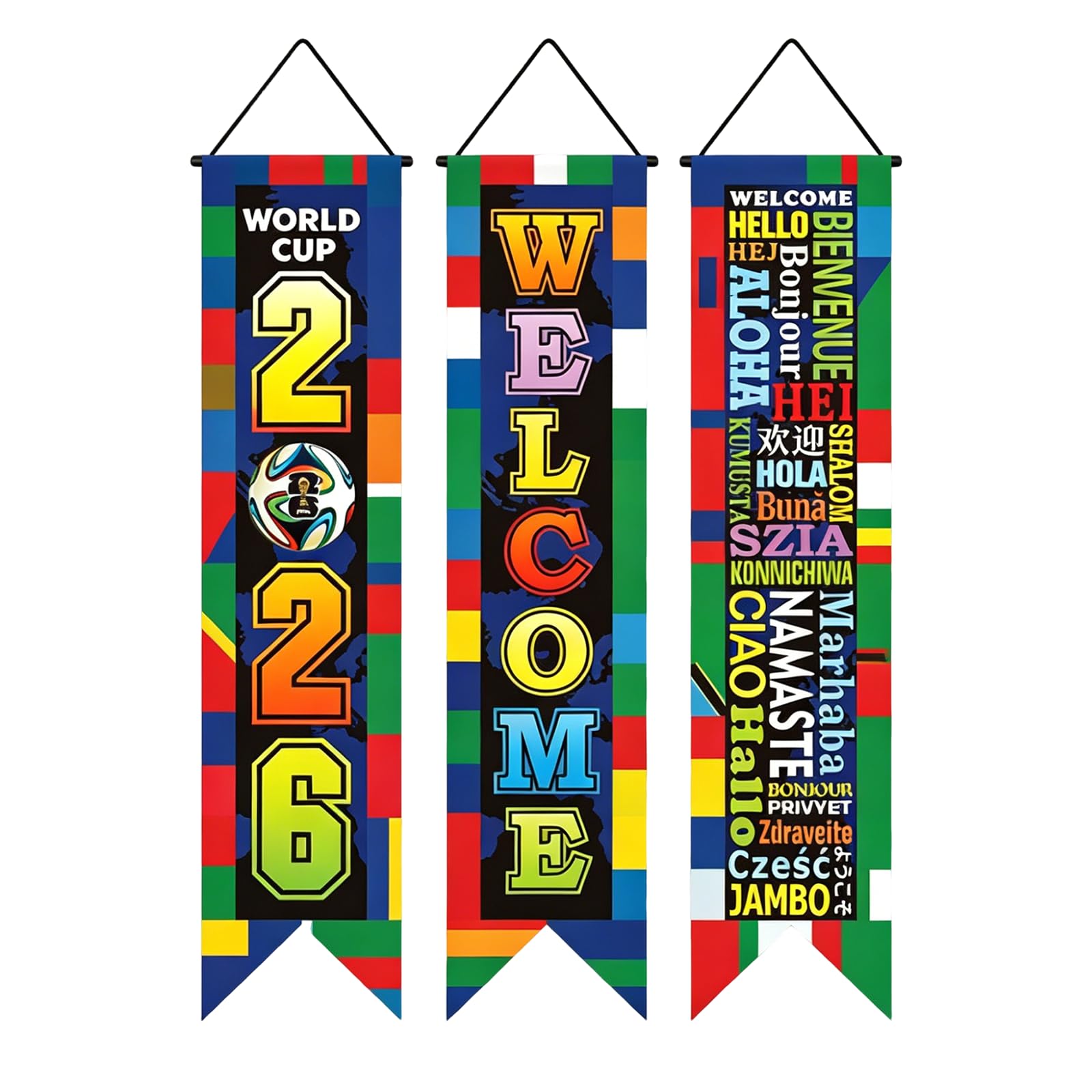 3 Pieces World Football Decorations 130x30cm/51.18x11.81in 2026 Door Hanging Banner Football Party Decoration for Sports Events Home Wall Porch Front Door Backdrop Party Decor (Style B)