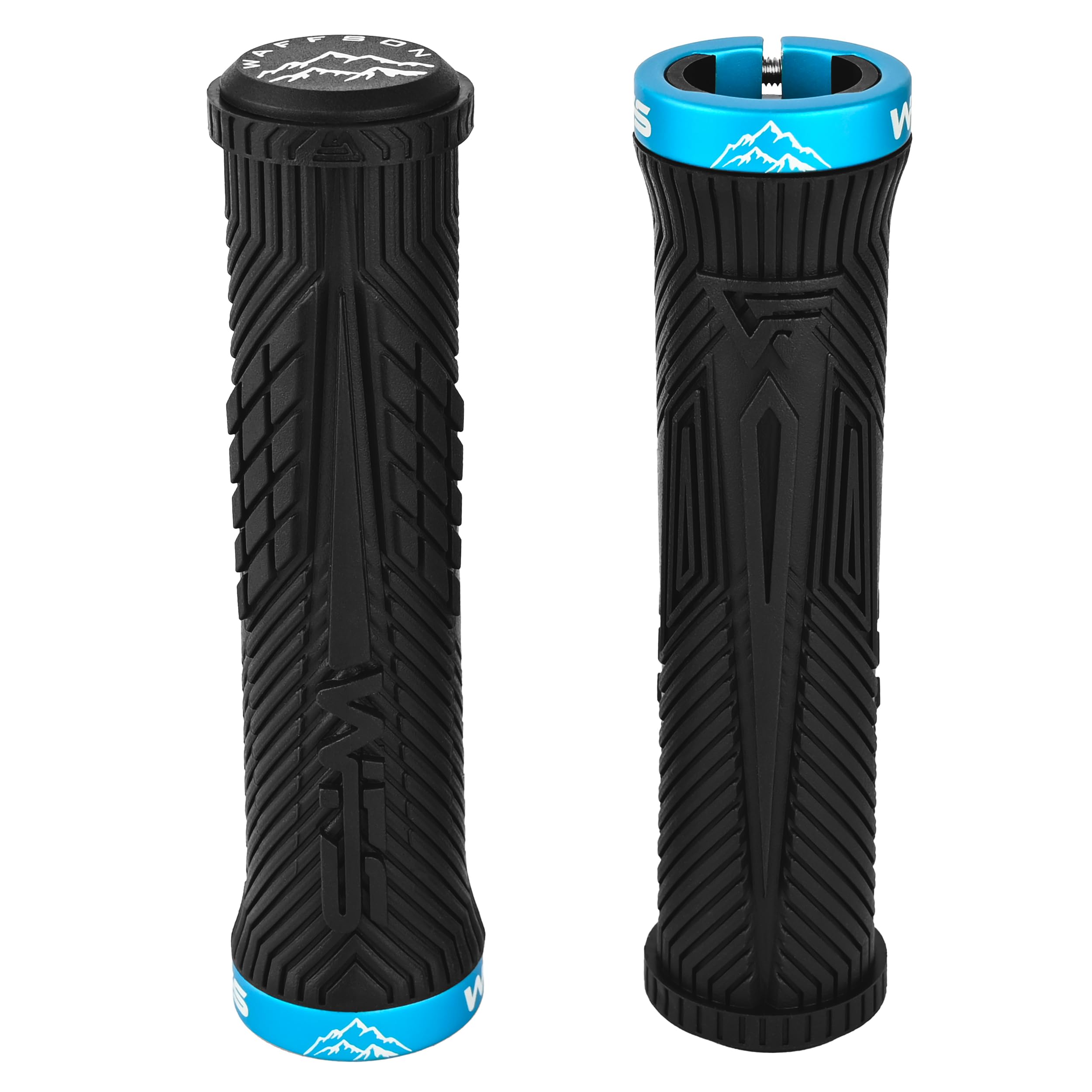 WFS Volatus Single Lock-on Grips for Mountain Bikes, Road, City Bike, 33mm OD for Soft Comfortable Ergonomic, Anti-Slip 22mm ID Locking Handlebar Grips for MTB, 1 Pair, Black w/Blue