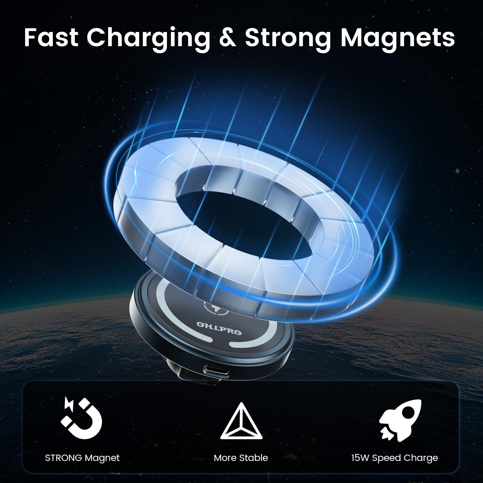 Chargeur de voiture sans fil OHLPRO pour iPhone avec support magnétique MagSafe, fixation adhésive sur tableau de bord, compatible avec les iPhone 17 Pro Max, 16, 15 et 14, charge rapide 15 W, coque e