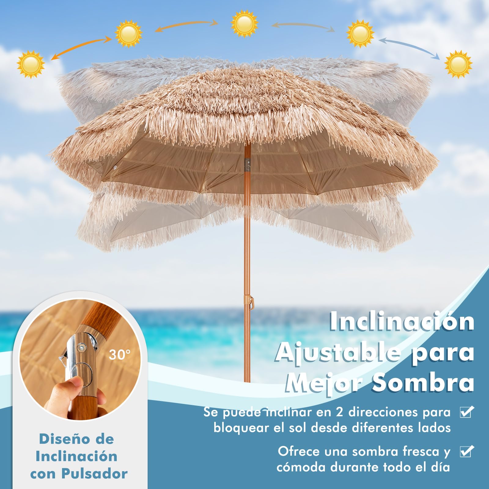 COSTWAY Conjunto de Tumbona Ratán Exterior con Cojín, Sombrilla de Paja de 2,2m con Base Recargable, Tumbona Reclinable en 7 Posiciones Jardín, Terraza o Piscina (Juego marrón)
