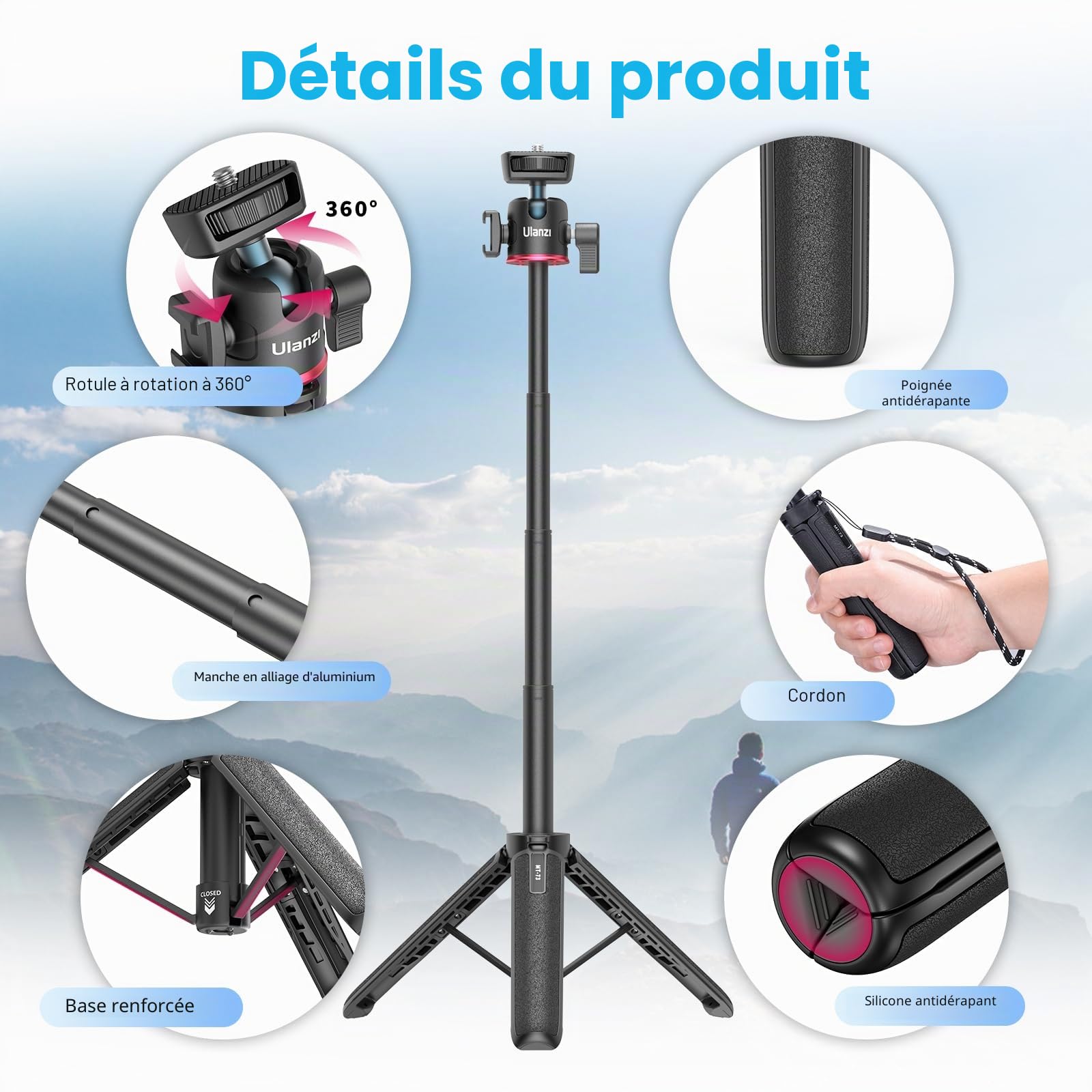 ULANZI MT-73 Mini Trépied pour Appareil Photo 54cm/21.6in, Petit Trépied de Voyage avec Vis 1/4'', Compatible avec Compact Cameras