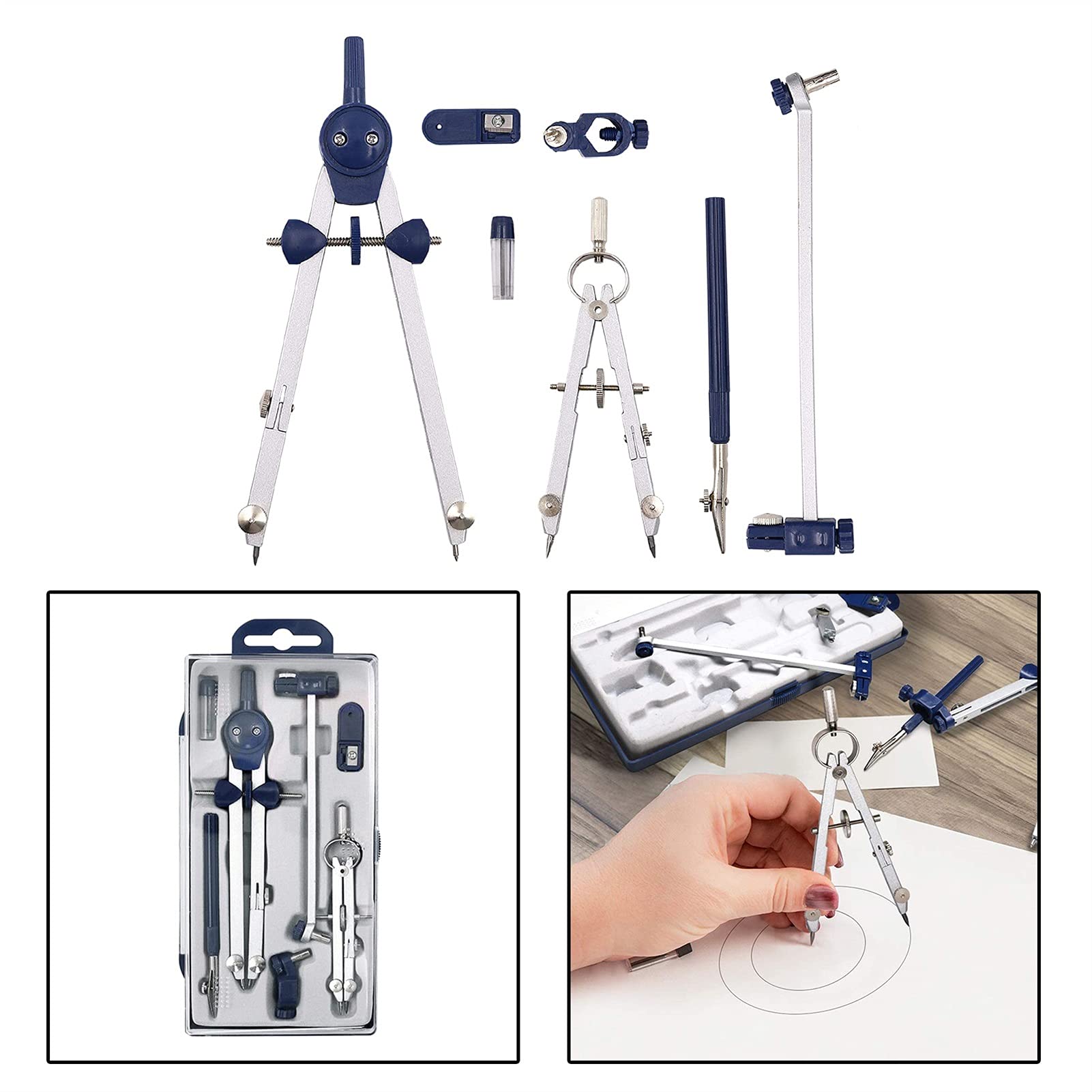 caihuashopping Zirkel Edelstahl Multifunktions-Drafting Zeichnung Kompass Mathe-Geometrie-7pcs / Set Kreise Werkzeug Durable Papier- und Schreibwaren Geometriezirkel