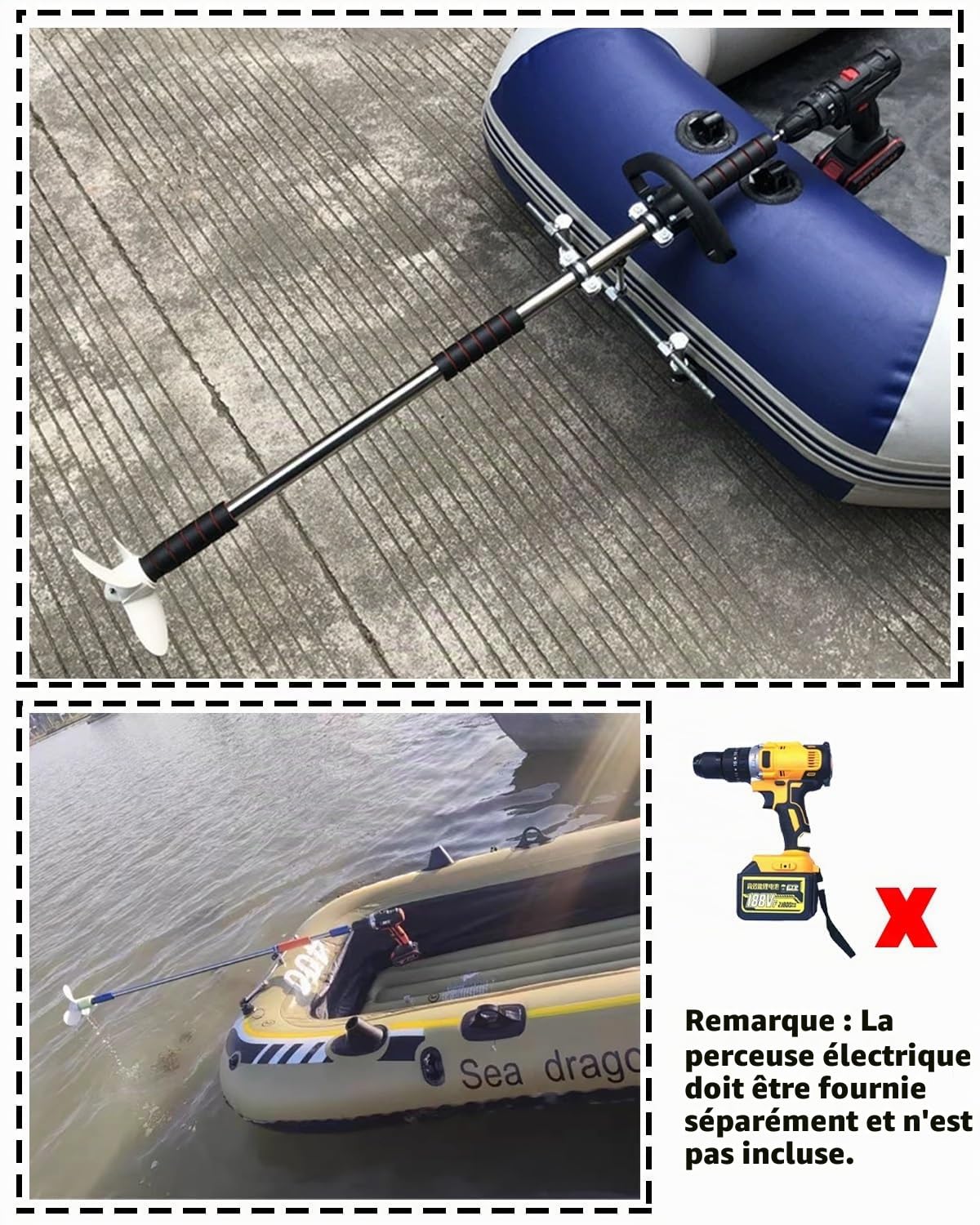 Moteur Bateau Hors-bord Moteur Électrique pour Kayak Gonflable, Pagaie de Secours Sans Fil avec Poignée et 3 Pales, Kit D'hélice pour Petit Bateau Et Perceuse pour Kayak Flottant.(B,L)