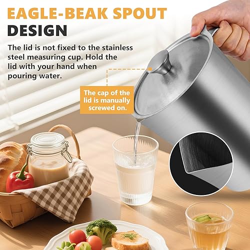 Miniatura 5 de Taza medidora de acero inoxidable con tapa de 2 litros, 70 onzas, vaso graduado de boca grande, jarra de metal con marcado y mango