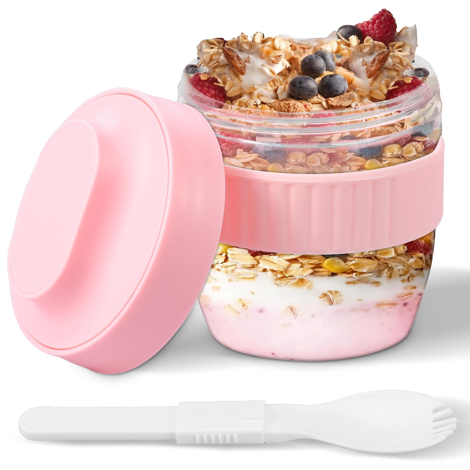 Overnight Oats Jar Container with Lid and Spoon Overnight Oat Container Leakproof Breakfast Pot Reusable Yoghurt Pot Breakfast Jar Oatmeal Salad Cup Cereal On The Go Cup Meal Prep Canister (pink)