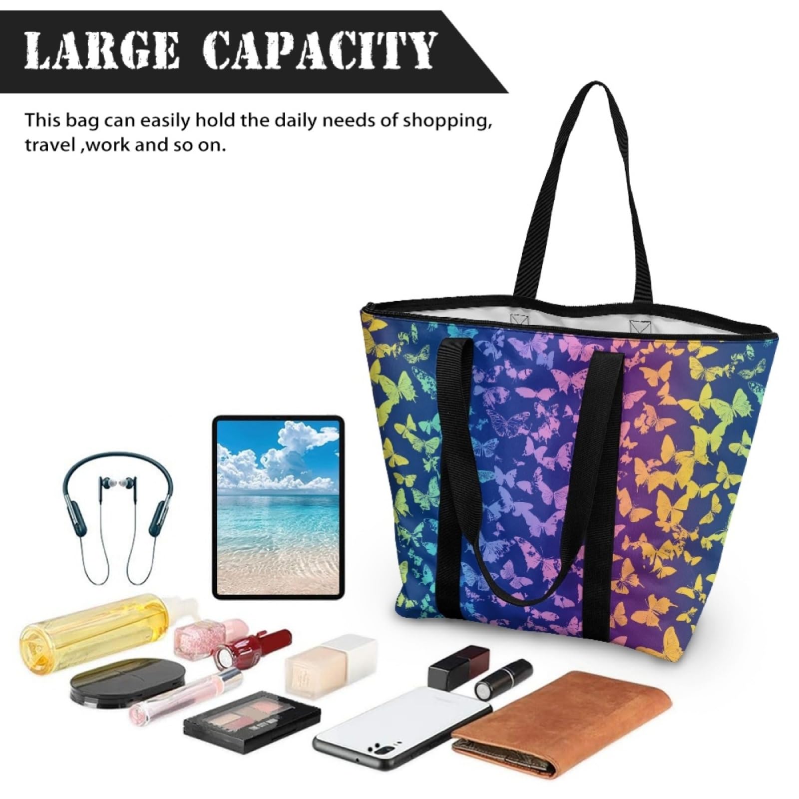 Tote Bag Tela Bolsa Tela Poliéster Bolsa Compra Plegable Bolso de Mano de Mujer Reutilizable Totebag Playa Cremallera Duradero Bolso Viaje