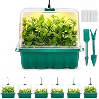 Seed Starter Tray with Grow Light, 6pcs Seed Starter Kits with Light and Adjustable Humidity Domes, Covers Height 3.9", Indoor Seedling Starter Plant Germination Trays (Green-Warm White)