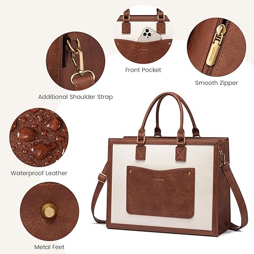 Miniatura 4 de LOVEVOOK Bolsa de mano para laptop para mujer, bolsas de trabajo de 15.6 pulgadas, bolsa de cuero vintage, bolsas impermeables para computadora con