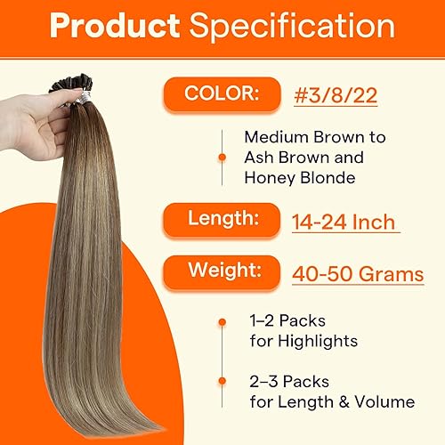 Miniatura 4 de Full Shine U Tip Hair Extensions Real Human Hair 18 Inch Ktip Human Hair Extensions Balayage Color 3 Fading to 8 Ash Brown and 22 Blonde Fusion