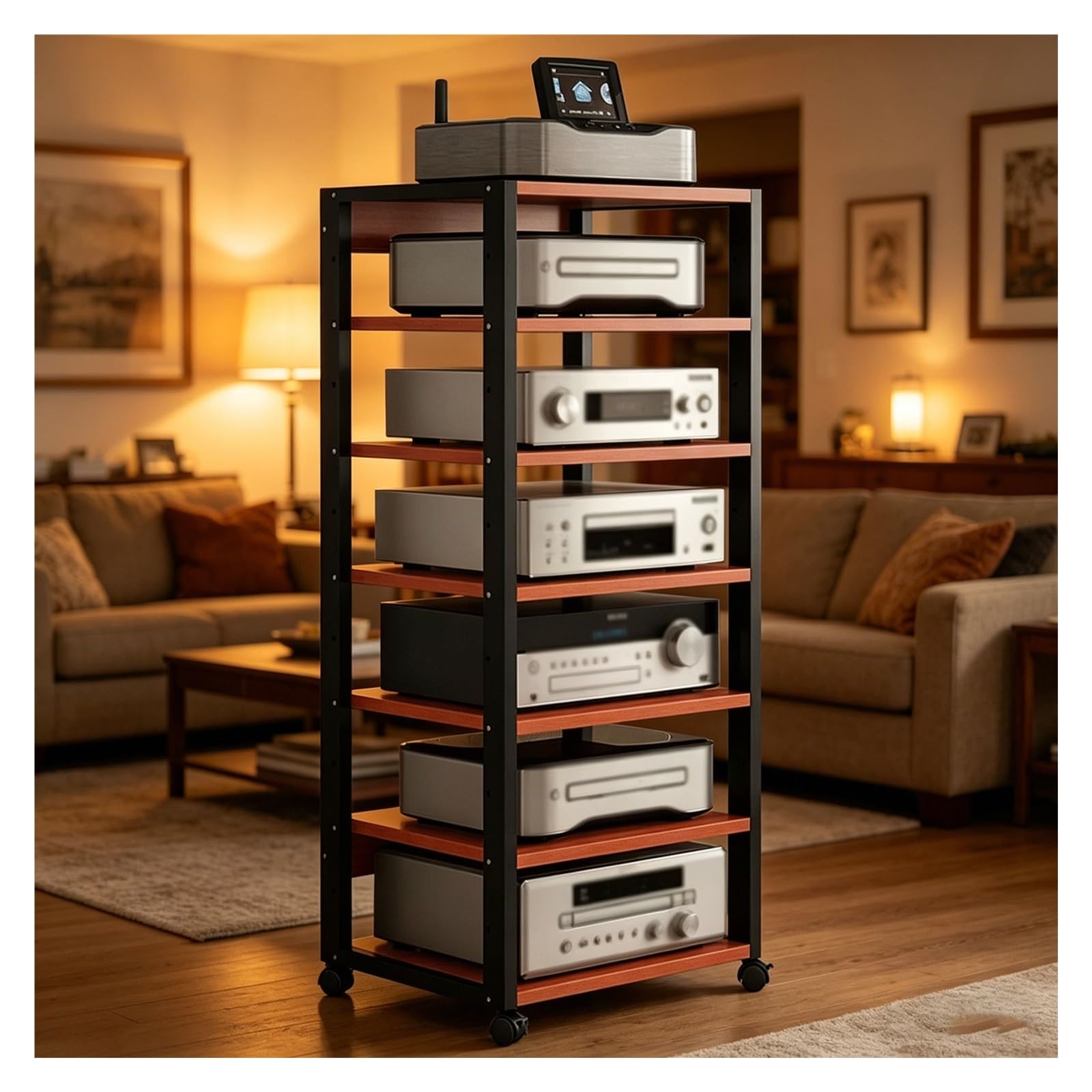 Support multimédia réglable et meuble HiFi pour rangement vinyle de salon