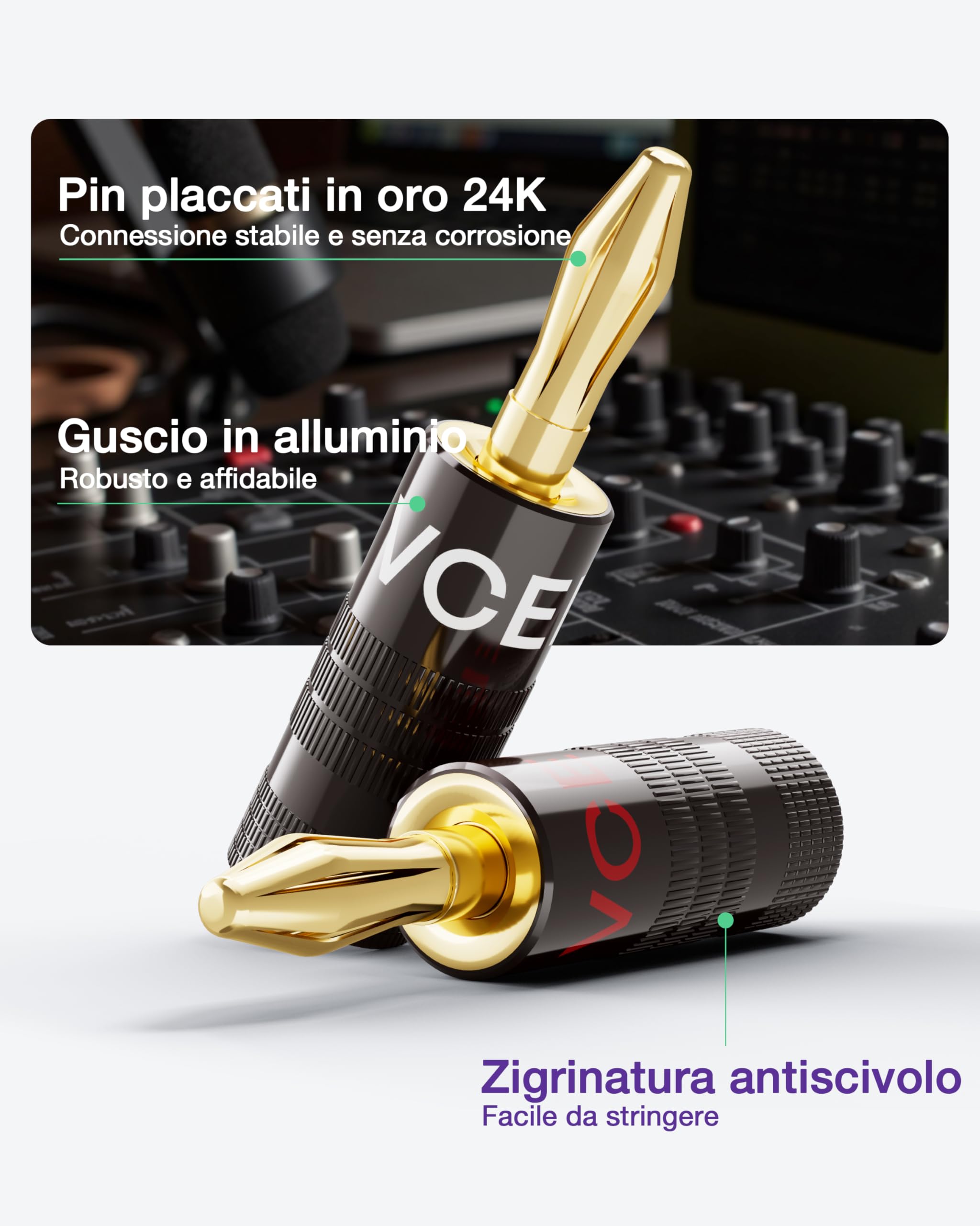 VCELINK 4mm Connettori a Banana, Placcate in oro 24K Connettori Banane Hifi a Doppia Vite per Fili da 12-18 AWG, Piastra a muro, Amplificatore, Home Theater, 4 Pezzie